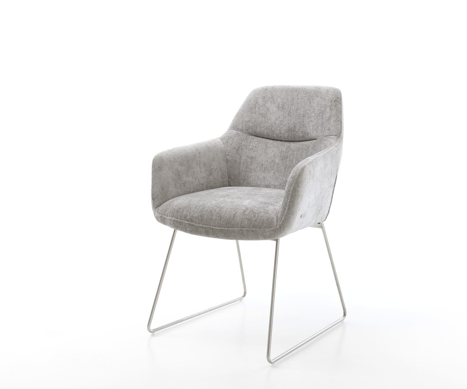 Chaise-de-salle-à-manger Pejo-Flex chenille gris argenté pied trapèze acier inoxydable brossé ressorts ensachés 1