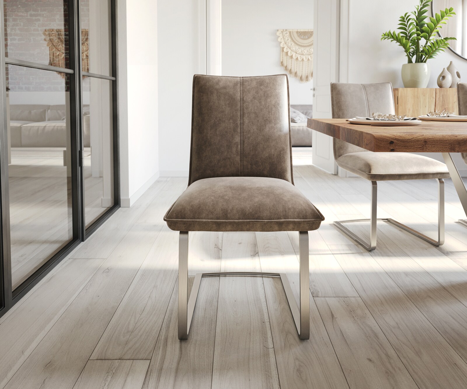 Cantilever Lelio-Flex microvelours taupe vintage pied cantilever plat acier inoxydable brossé ressorts ensachés 2