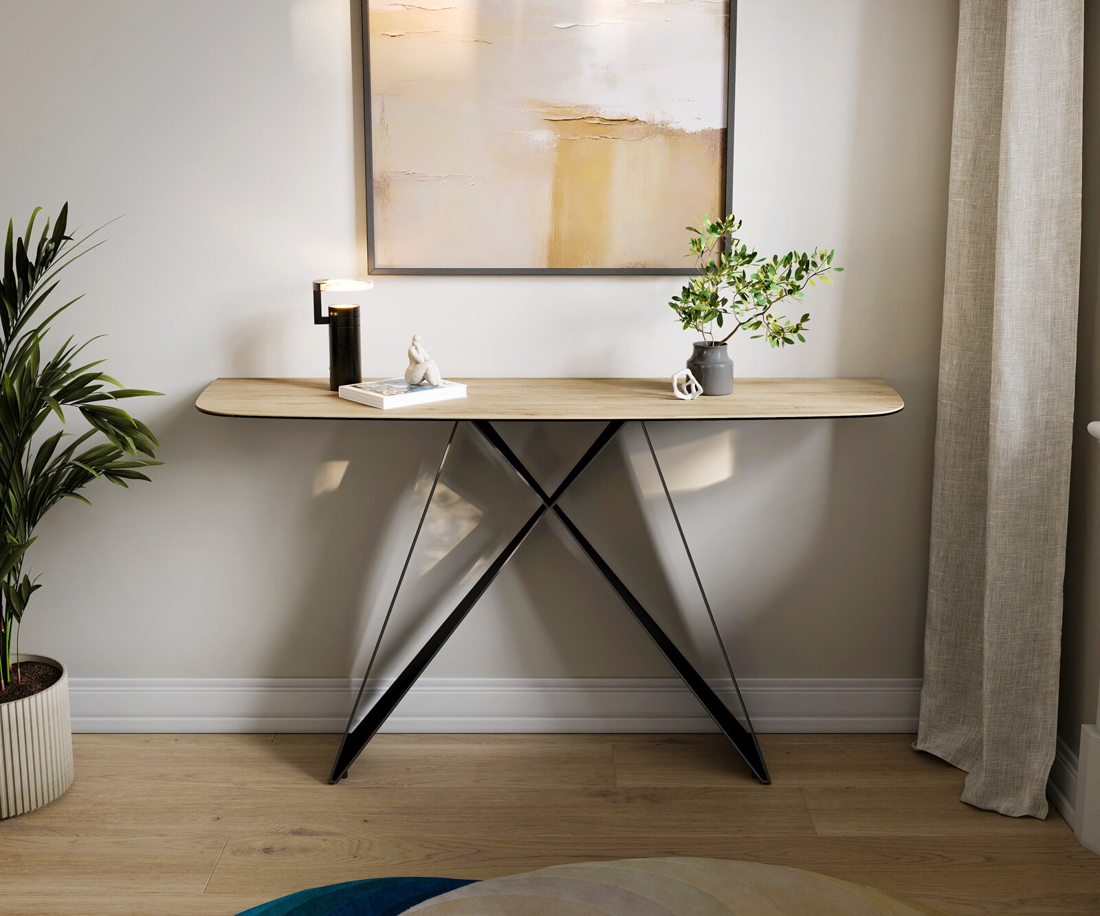 Console Edge forme bateau 140x40 cm Céramique Laminam® Sabbia Eichefarbig Velio Métal Noir 1