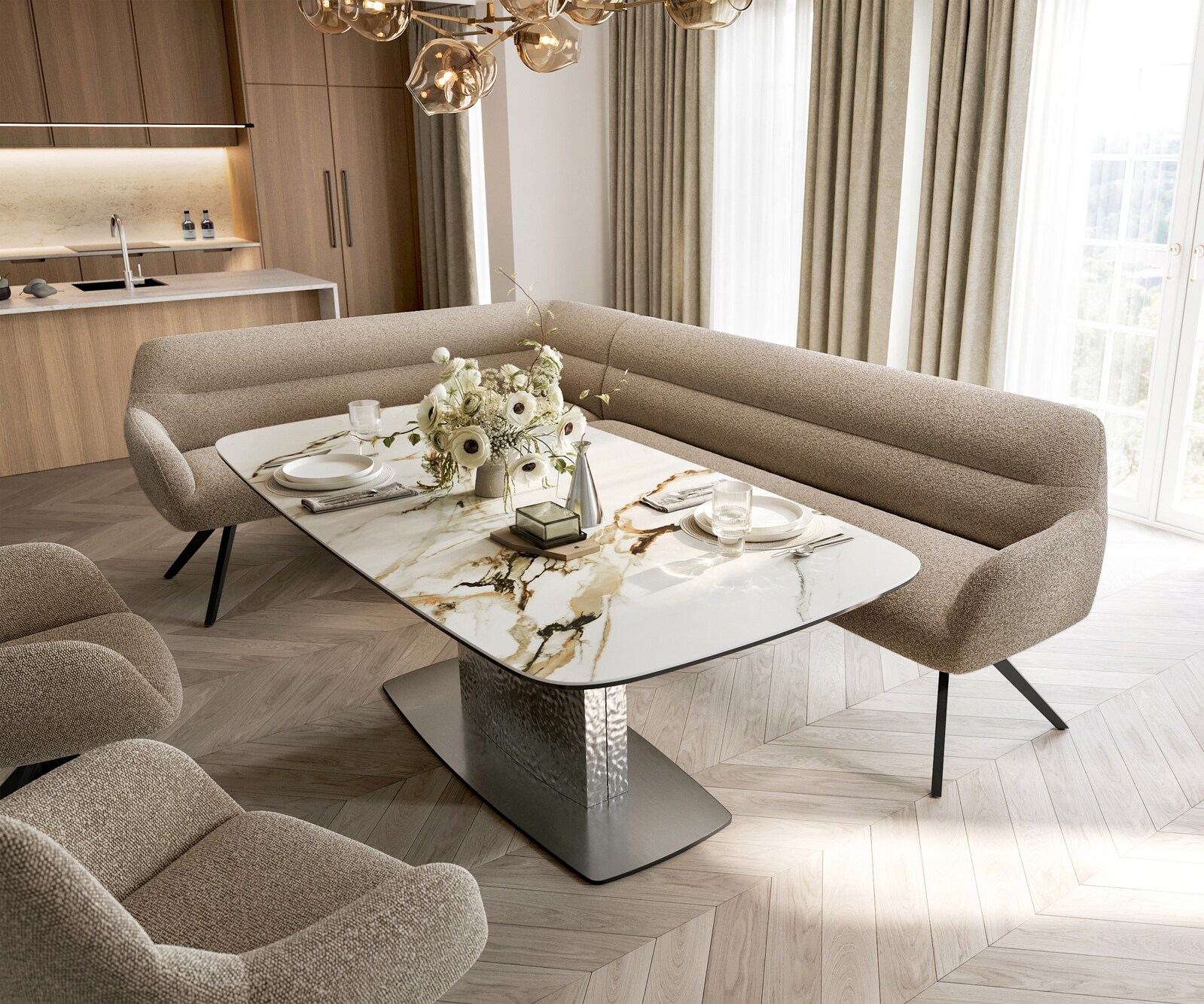 Banc-de-salle-à-manger Taya-Flex 285x190 cm bouclé boue pied croisé angulaire noir ressort ensaché à droite 1