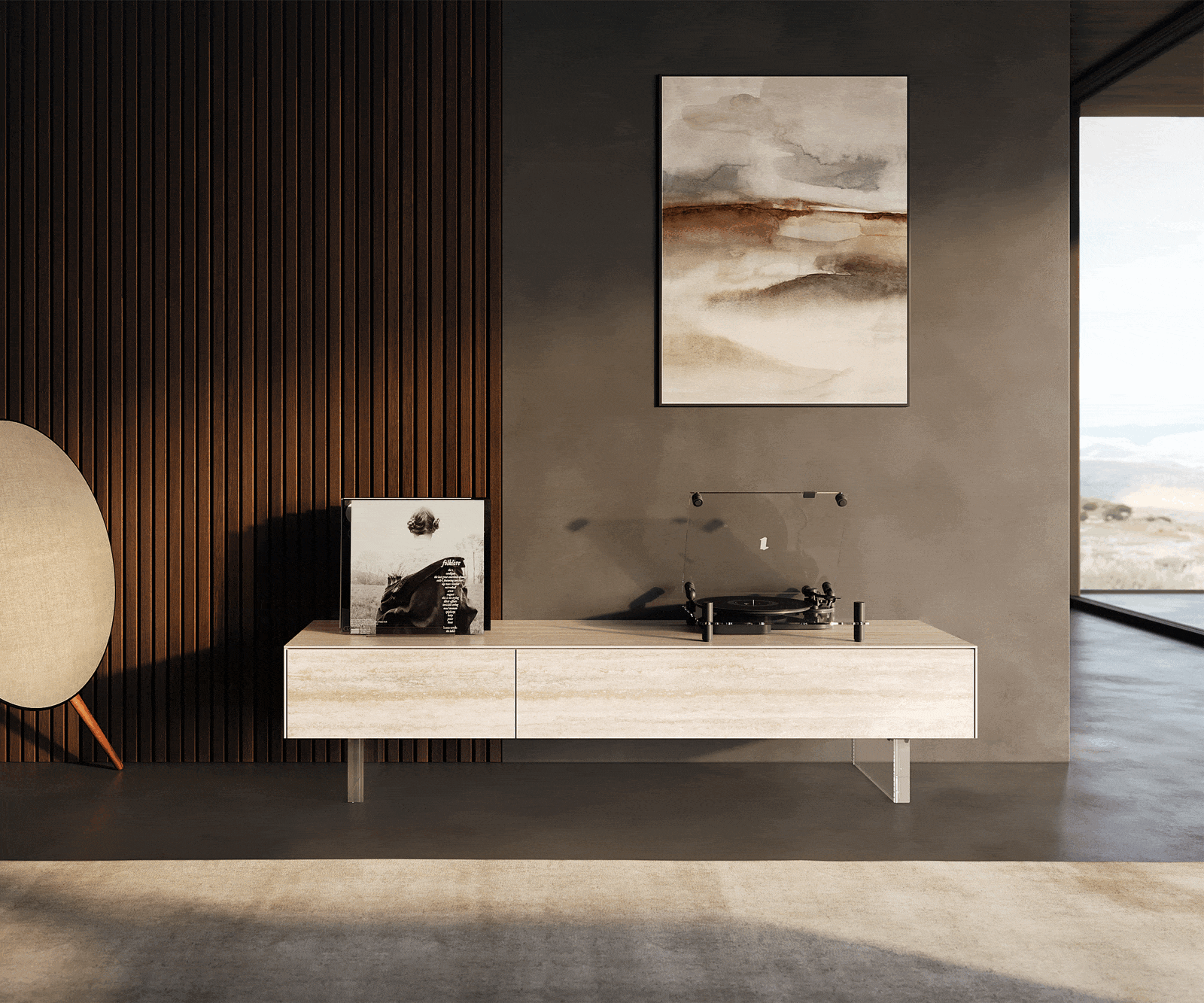 Meuble-TV Cuor 150 cm Céramique Laminam® Travertino Bianco Crème-blanc 1 Clapet 1 Tiroir Pied optique flottant Verre acrylique 1