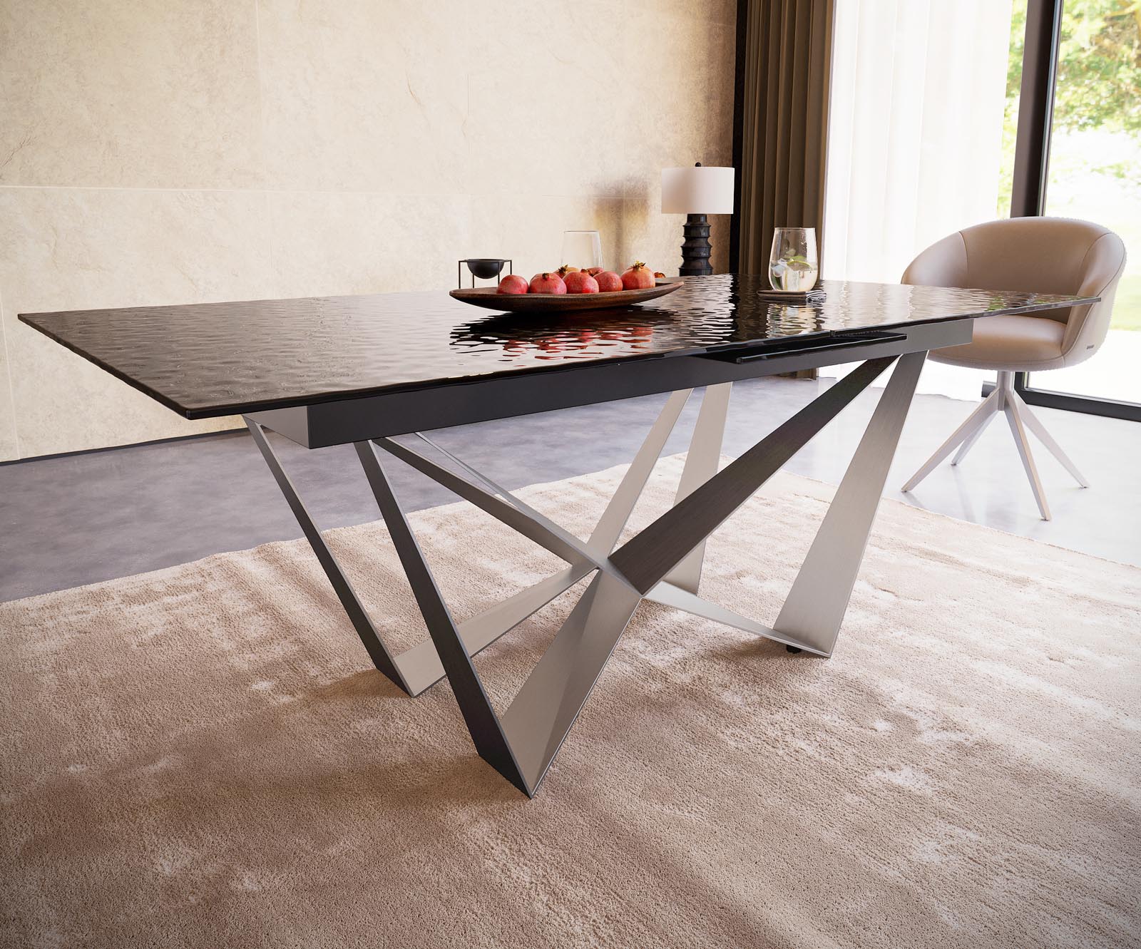 Table à manger Edge 180-220x100 verre fondu noir fumé relief en 3D Spider acier plat acier inoxydable extensible 5