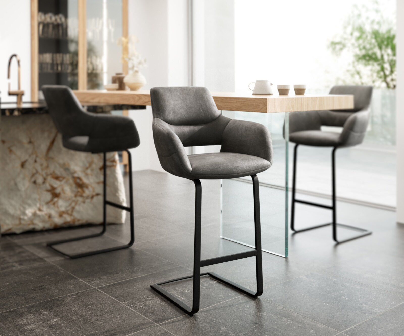Chaise-de-bar Yago-Flex Microfibre Anthracite Vintage Piétement luge plat Métal Noir Ressorts ensachés