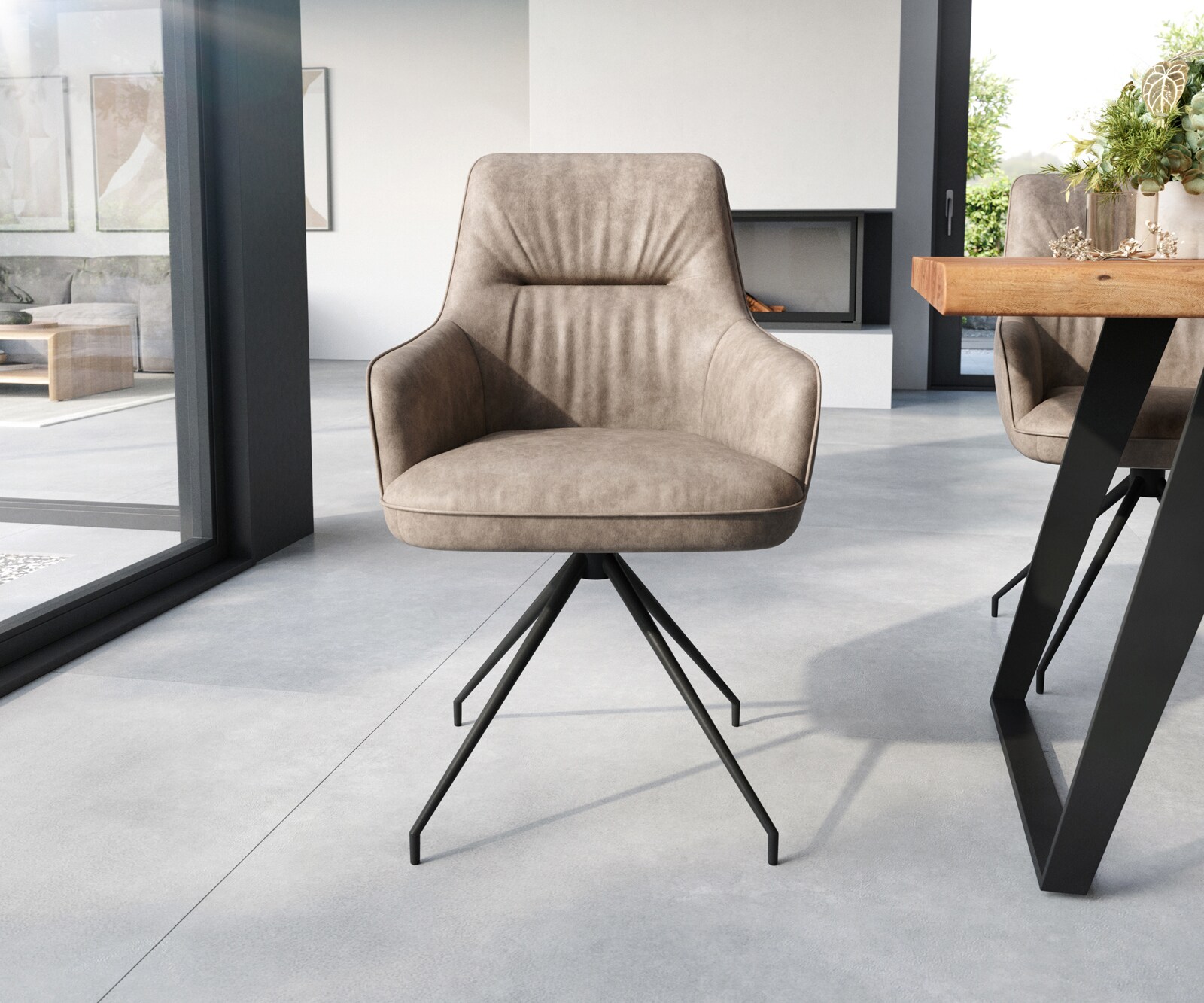 Chaise-de-salle-à-manger Zelia-Flex avec accoudoirs microvelours taupe vintage pied croisé conique noir ressorts ensachés 1