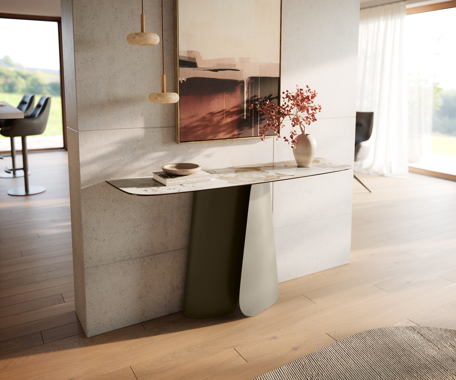 Console Edge forme bateau 140x40 cm Céramique Minas Melange Weiß-Beige Livos Métal Effektfinish Titan