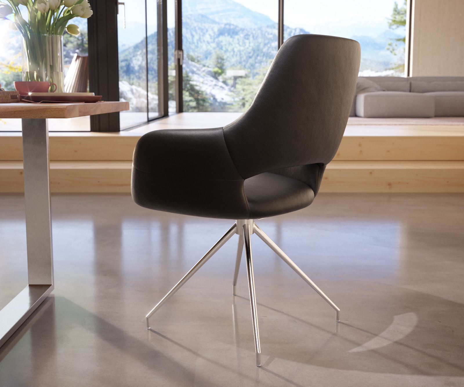 Chaise-de-salle-à-manger Yago-Flex avec accoudoirs cuir de vache noir pied croisé conique acier inoxydable brossé ressorts ensachés 4 Chaise-de-salle-à-manger Yago-Flex avec accoudoirs cuir de vache noir pied croisé conique acier inoxydable brossé ressorts ensachés 4