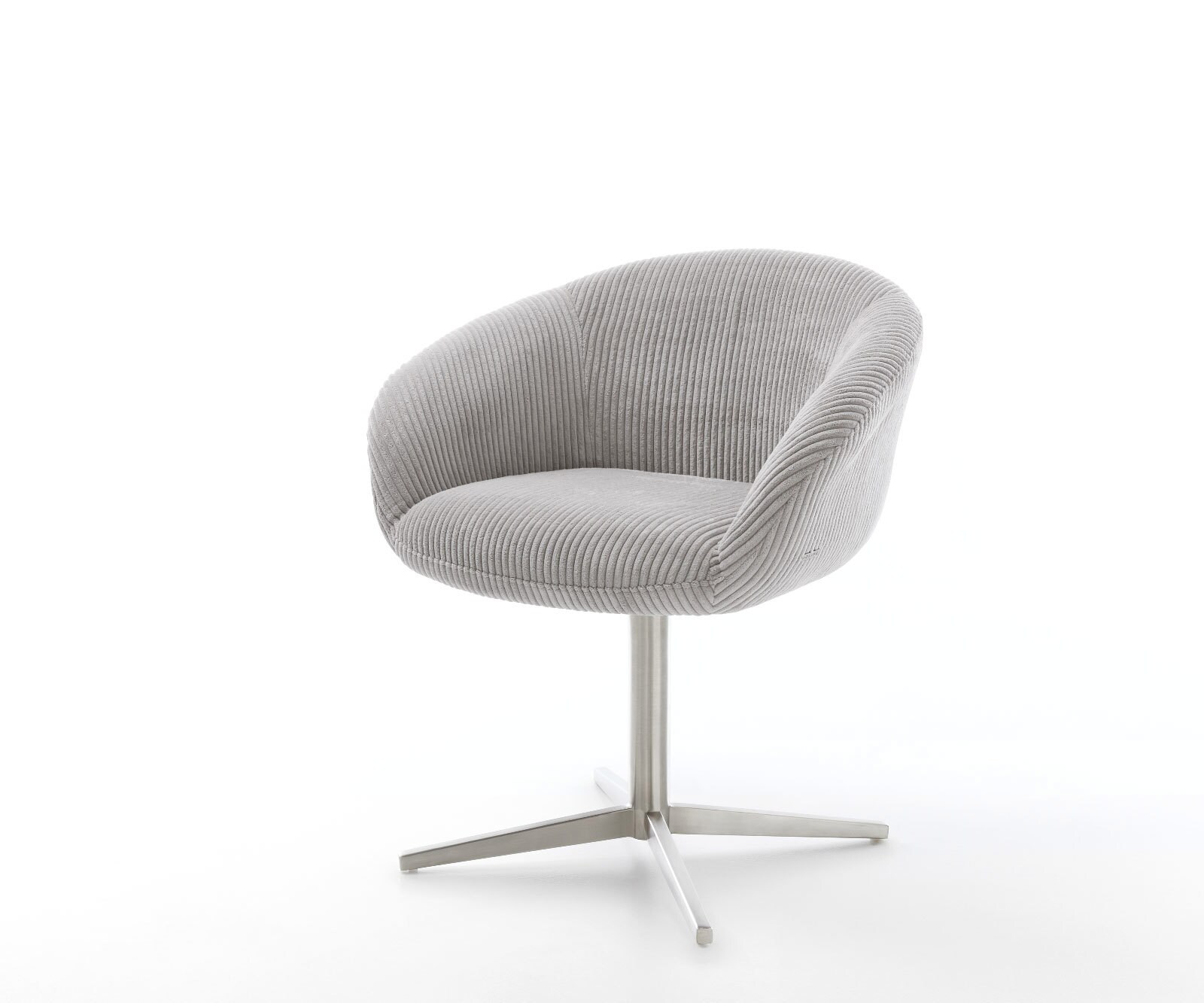 Chaise-pivotante Vinka-Flex avec accoudoirs côtelé gris argenté pied de chaise 4 branches acier inoxydable brossé pivotement sur 360° ressorts ensachés