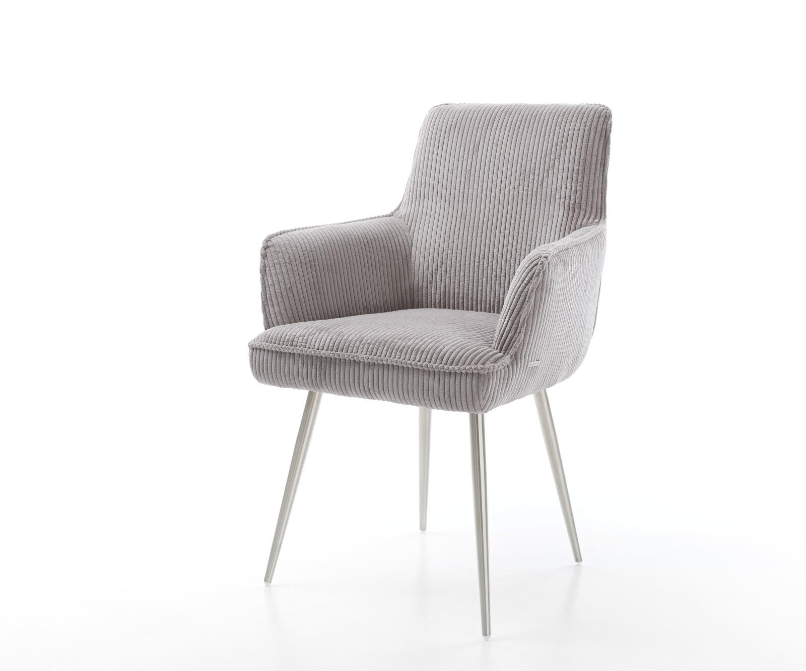 Chaise-de-salle-à-manger Heira-Flex avec accoudoirs côtelé gris argenté 4 pieds coniques acier inoxydable brossé ressorts ensachés 1