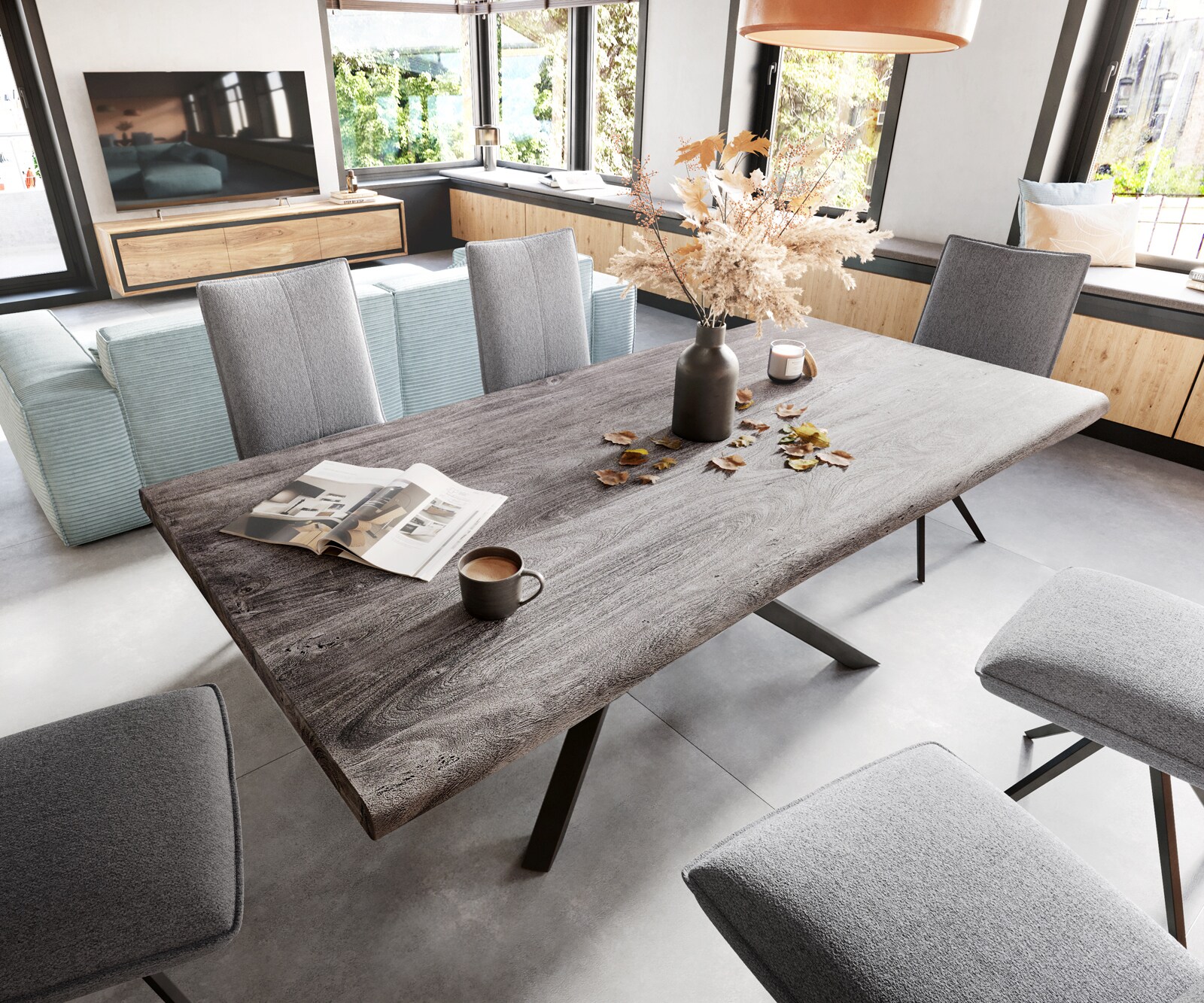 Table à manger Edge 200x100 XL acacia platine cadre croisé rectangle noir Live-Edge 3 Table à manger Edge 200x100 XL acacia platine cadre croisé rectangle noir Live-Edge 3