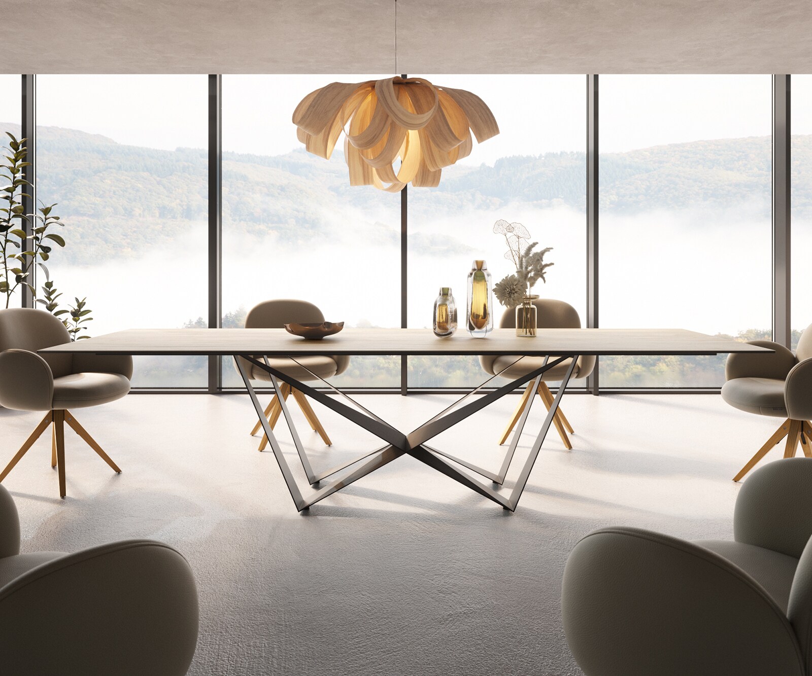 Table à manger Edge 300x100 céramique Laminam® Sabbia couleur chêne Spider acier plat noir 1