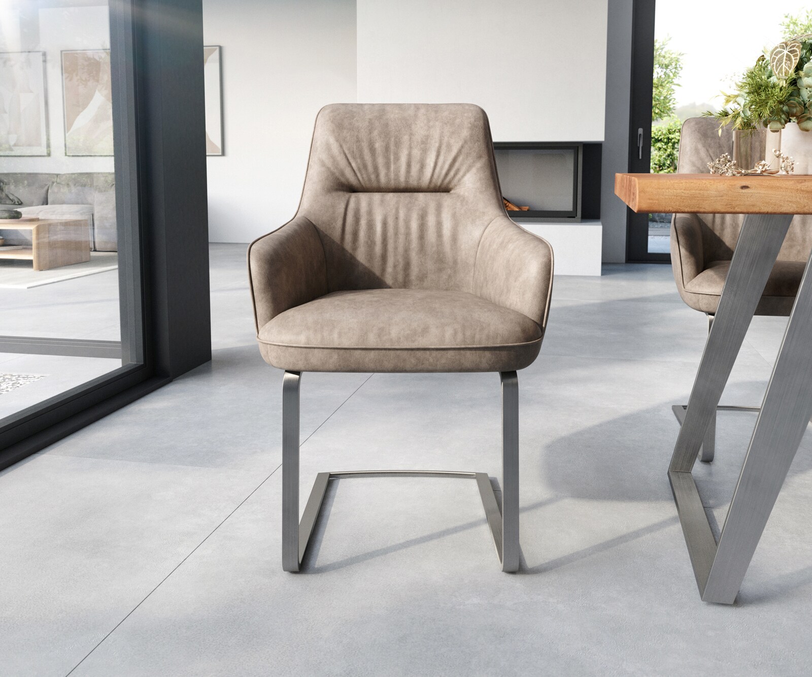 Cantilever Zelia-Flex avec accoudoirs microvelours taupe vintage pied cantilever plat acier inoxydable brossé ressorts ensachés 1