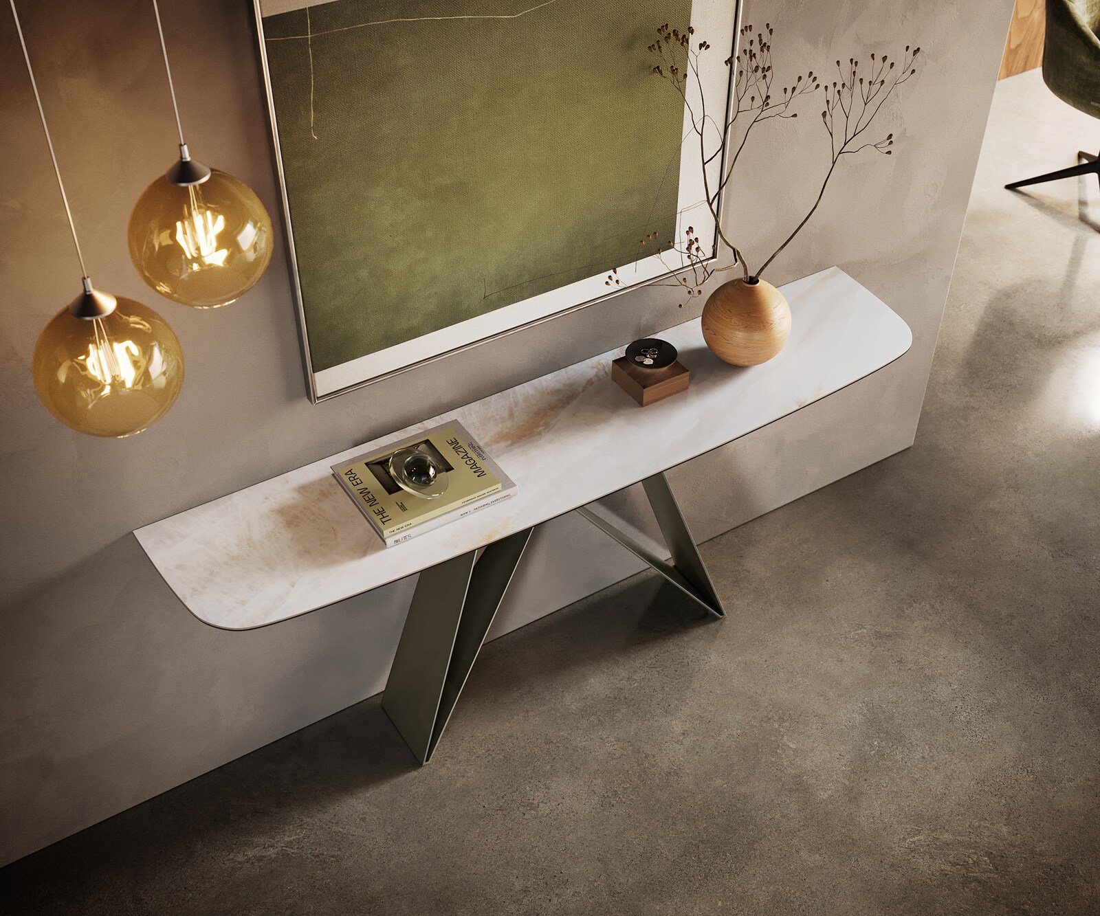 Console Edge forme bateau 180x40 cm Céramique Onyx Pearl Velio Métal Effektfinish Titan 2