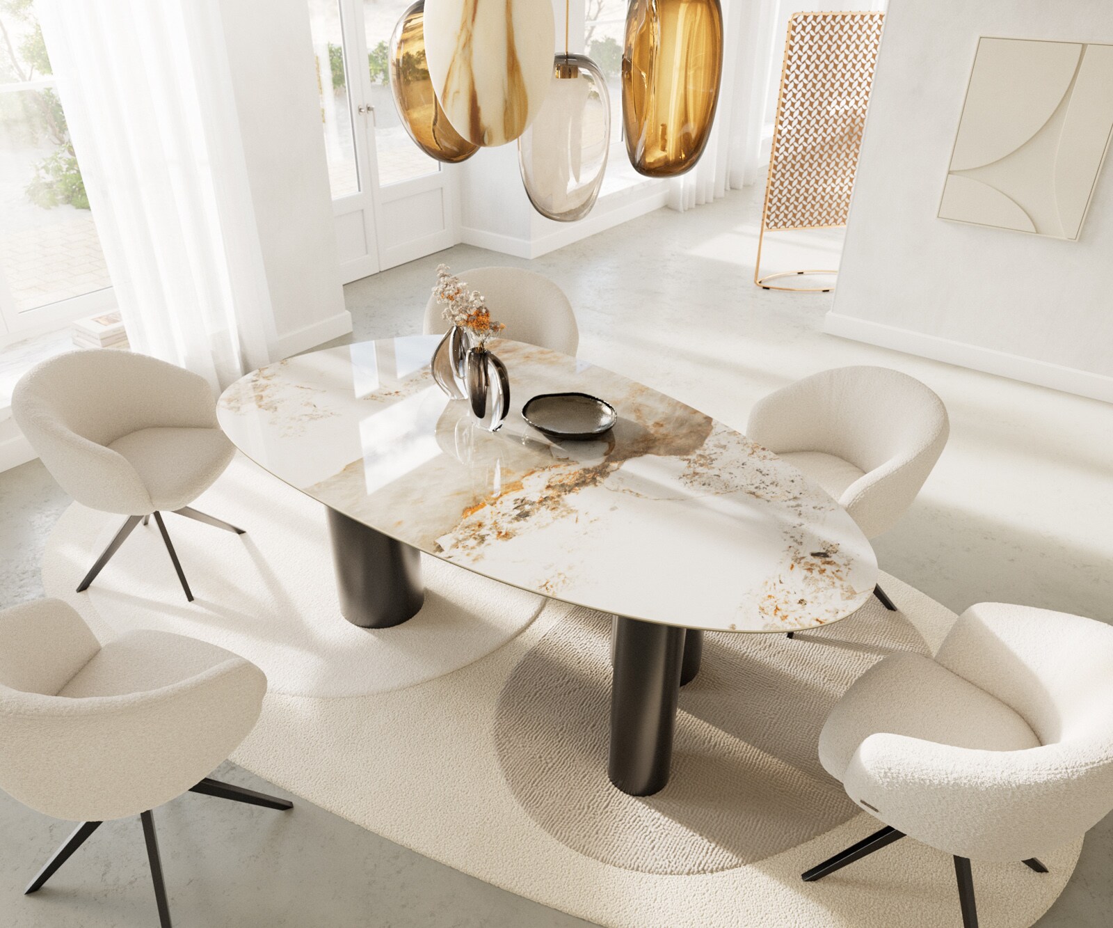 Table à manger Edge Ovale 220x120 Céramique Minas Melange Blanc-Beige Pilier Acier inoxydable Graphite 4