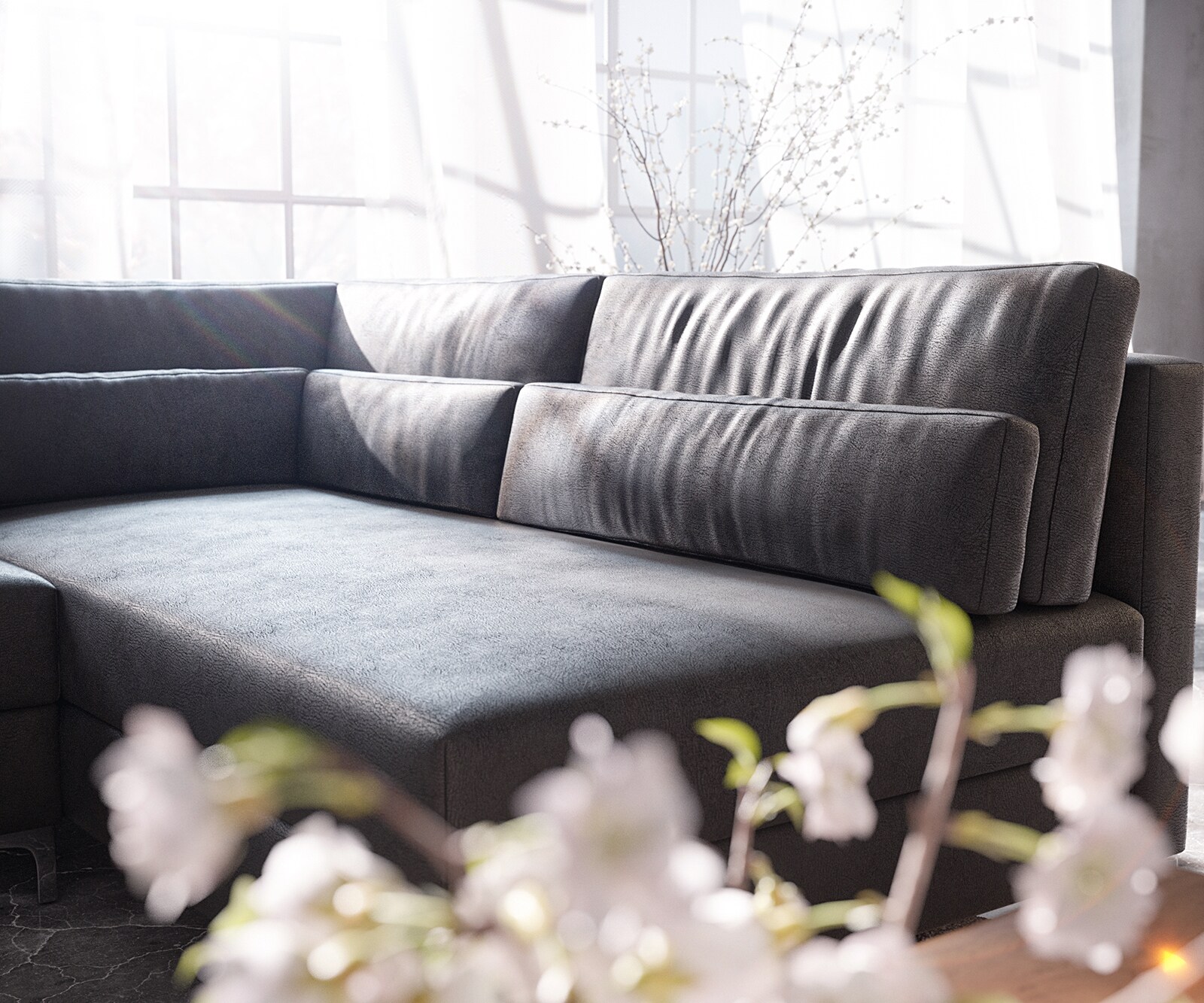 Canapé-panoramique Elio 300x185 cm similicuir vintage anthracite avec pouf 6