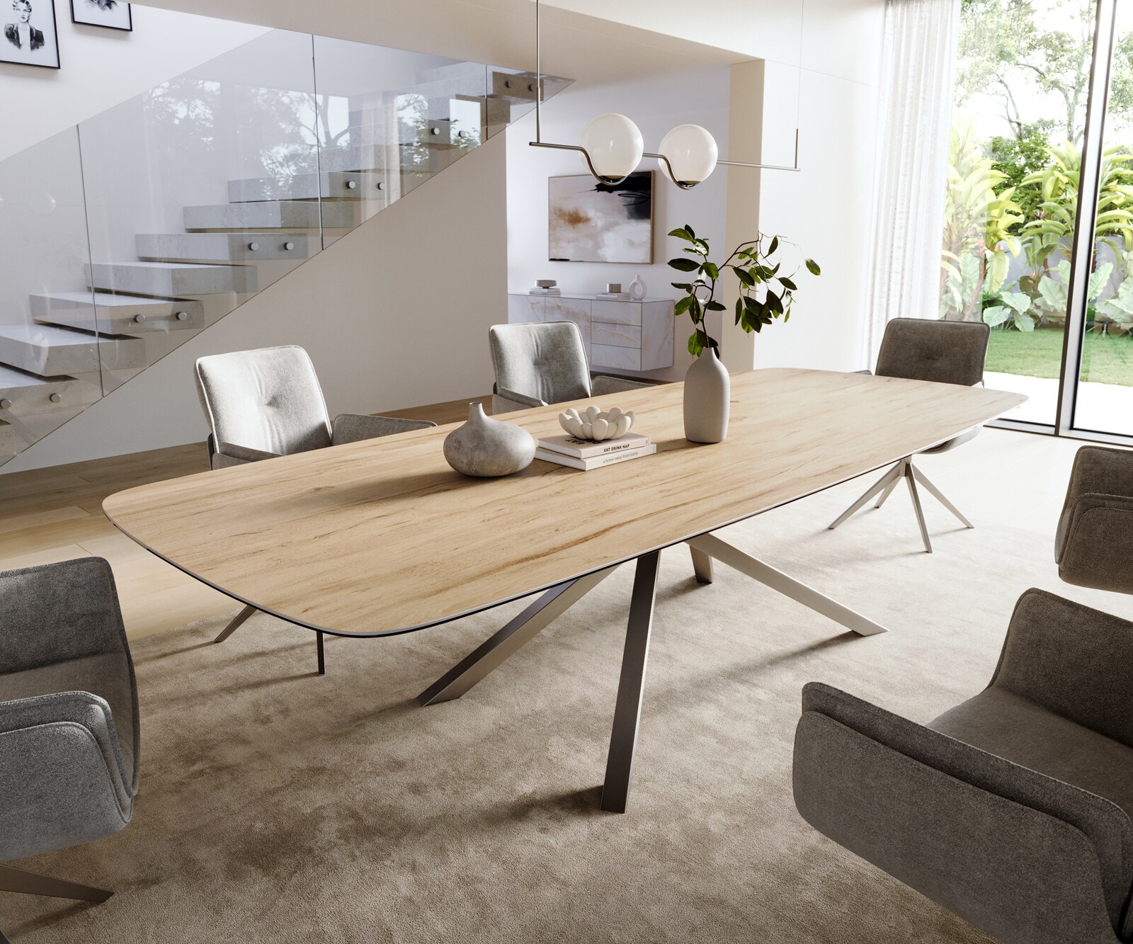 Table à manger Edge Boot 300x120 cm Céramique Laminam® Sabbia Eichefarbig piètement en croix Rectangle Acier inoxydable Graphite 1