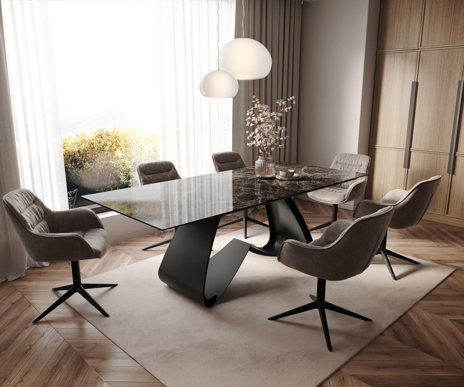 Table de salle à manger Edge Céramique Emperador Extra Lucidato Brun foncé 180-220x100 Piètement en W Noir extensible 7