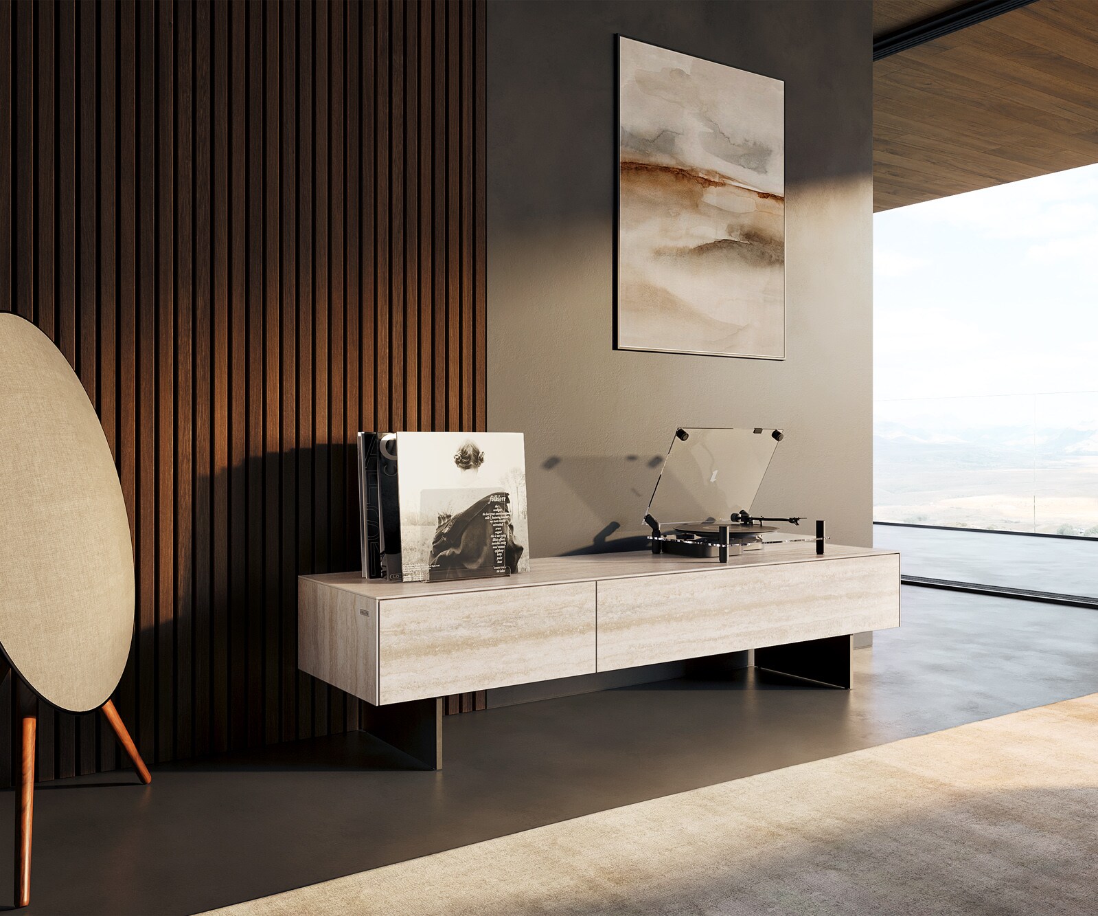 Meuble-TV Cuor 150 cm Céramique Laminam® Travertino Bianco Crème-blanc 1 Clapet 1 Tiroir Pied optique flottant Métal Noir