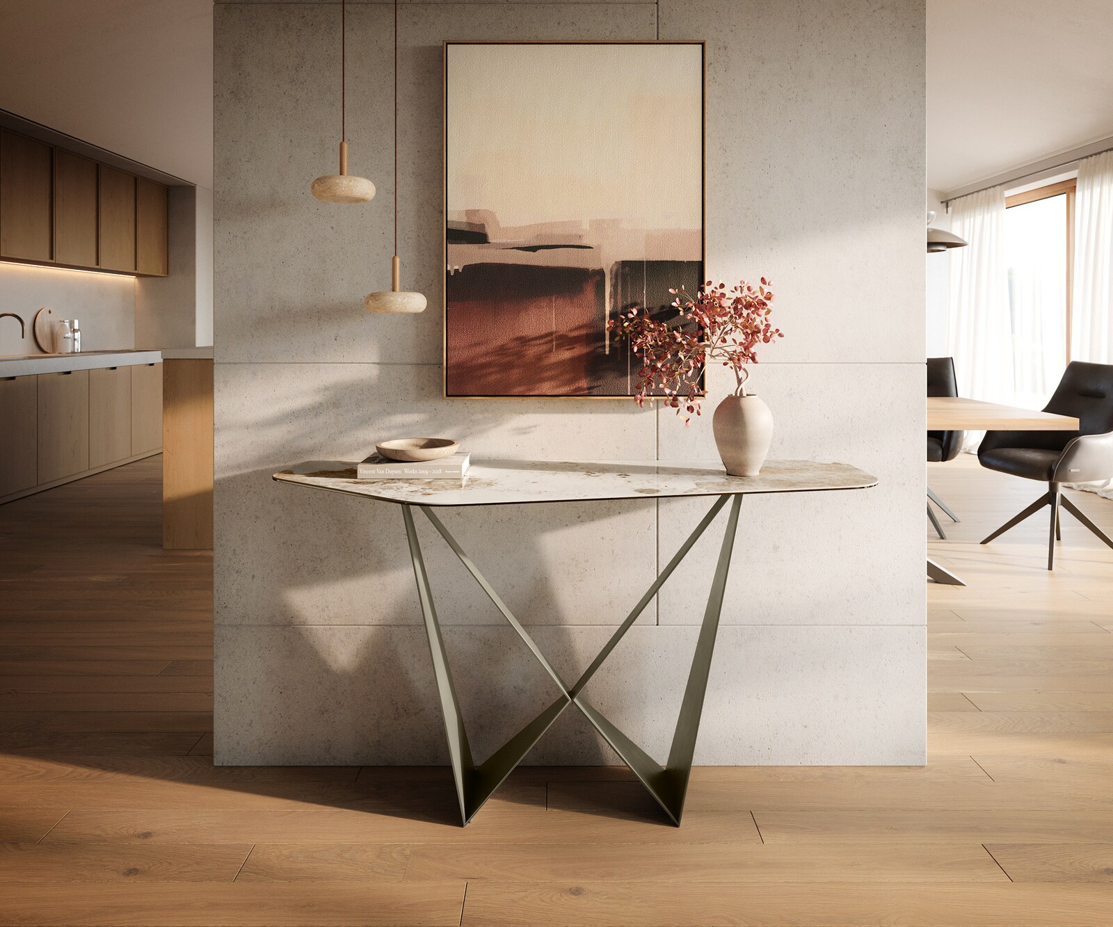 Console Edge Polygonal 140x50 cm Céramique Minas Melange Weiß-Beige Spios Métal Effektfinish Titan 4