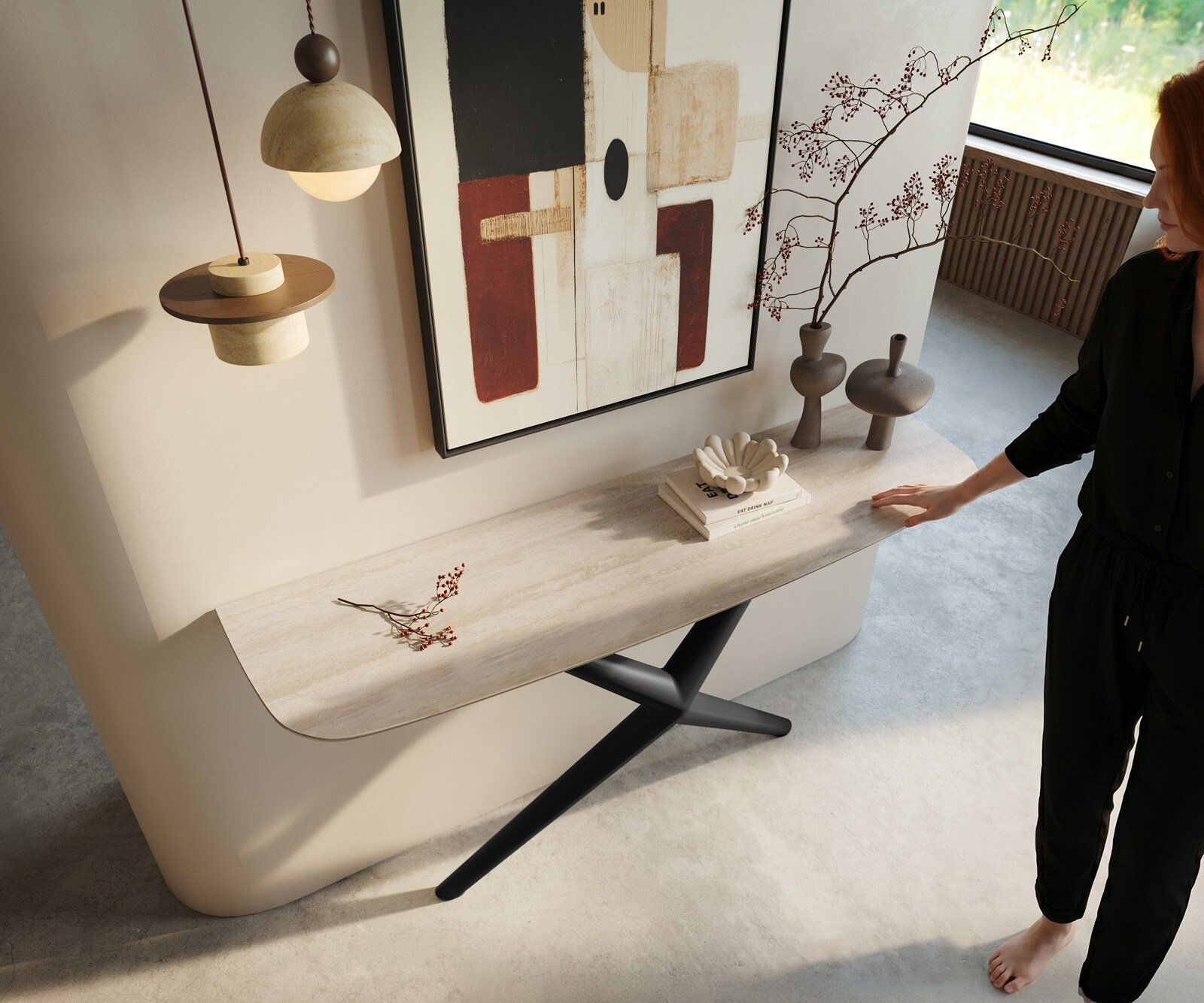 Console Edge forme bateau 140x40 cm Céramique Laminam® Travertino Bianco Creme-Weiß Estelo Métal Noir 2
