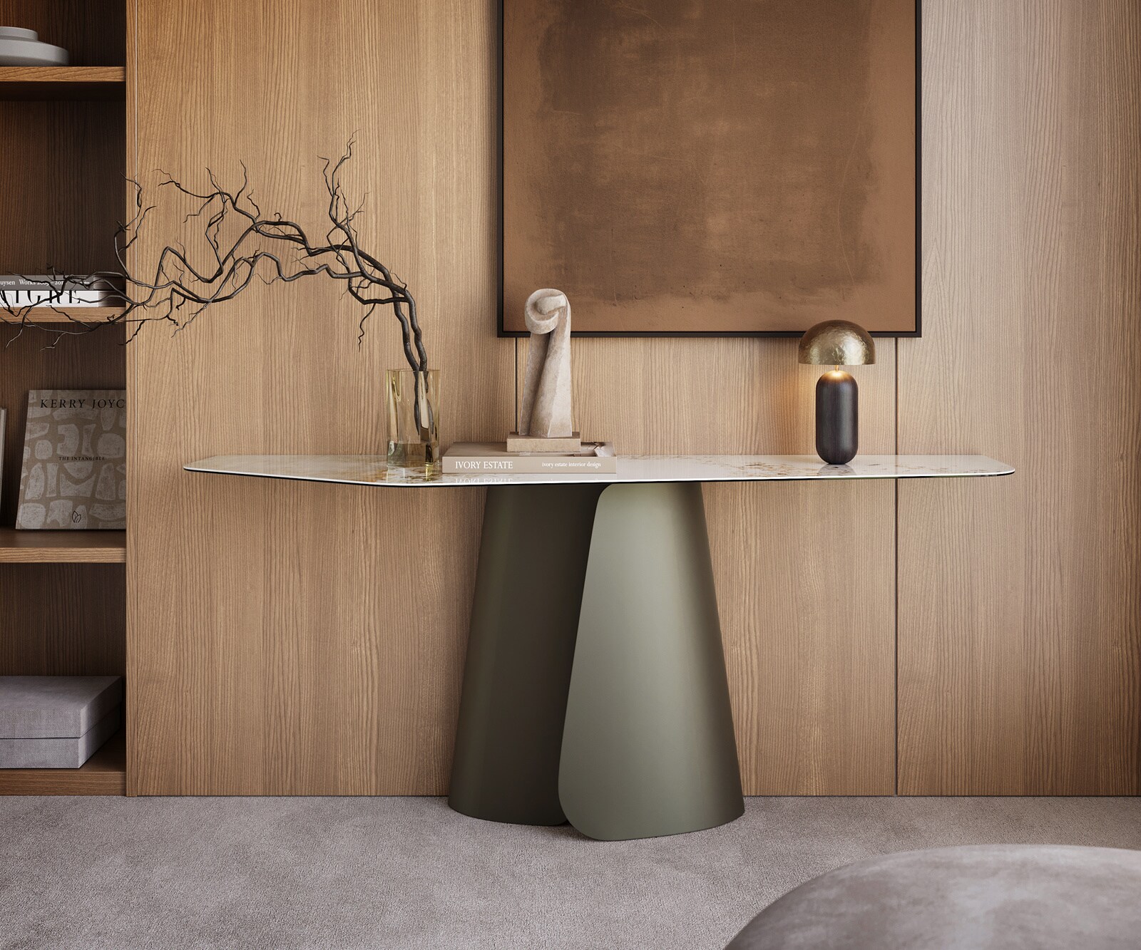 Console Edge Polygonal 180x50 cm Céramique Minas Melange Weiß-Beige Livos Métal Effektfinish Titan 4