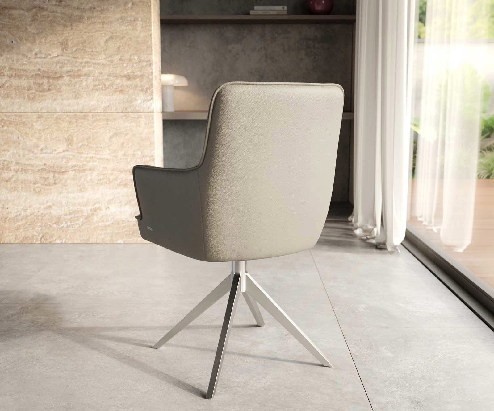 Chaise-pivotante Heira-Flex avec accoudoirs cuir de vache couleur boue pied croisé large acier inoxydable brossé pivotement sur 360° ressorts ensachés 3 Chaise-pivotante Heira-Flex avec accoudoirs cuir de vache couleur boue pied croisé large acier inoxydable brossé pivotement sur 360° ressorts ensachés 3