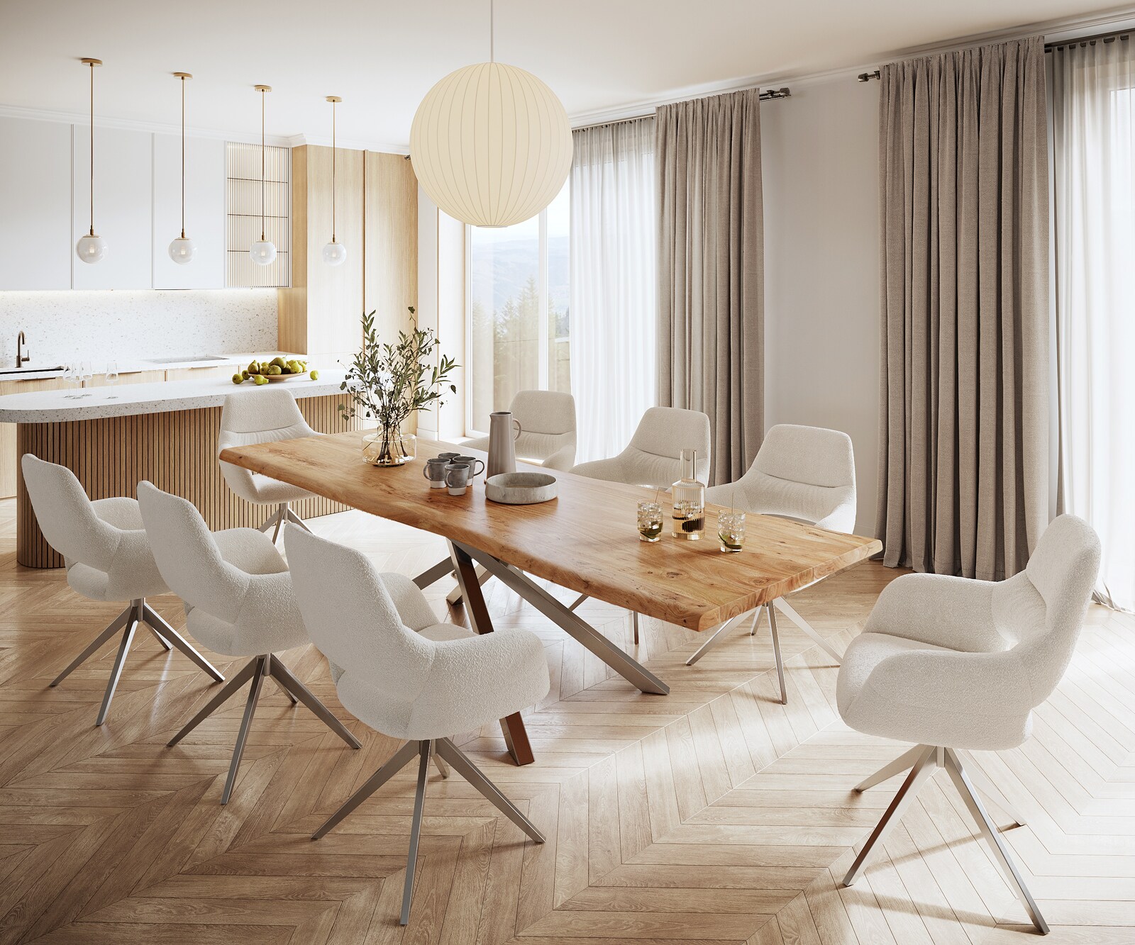 Table à manger Edge 300x100 XL acacia nature cadre croisé rectangle acier inoxydable Live-Edge 7
