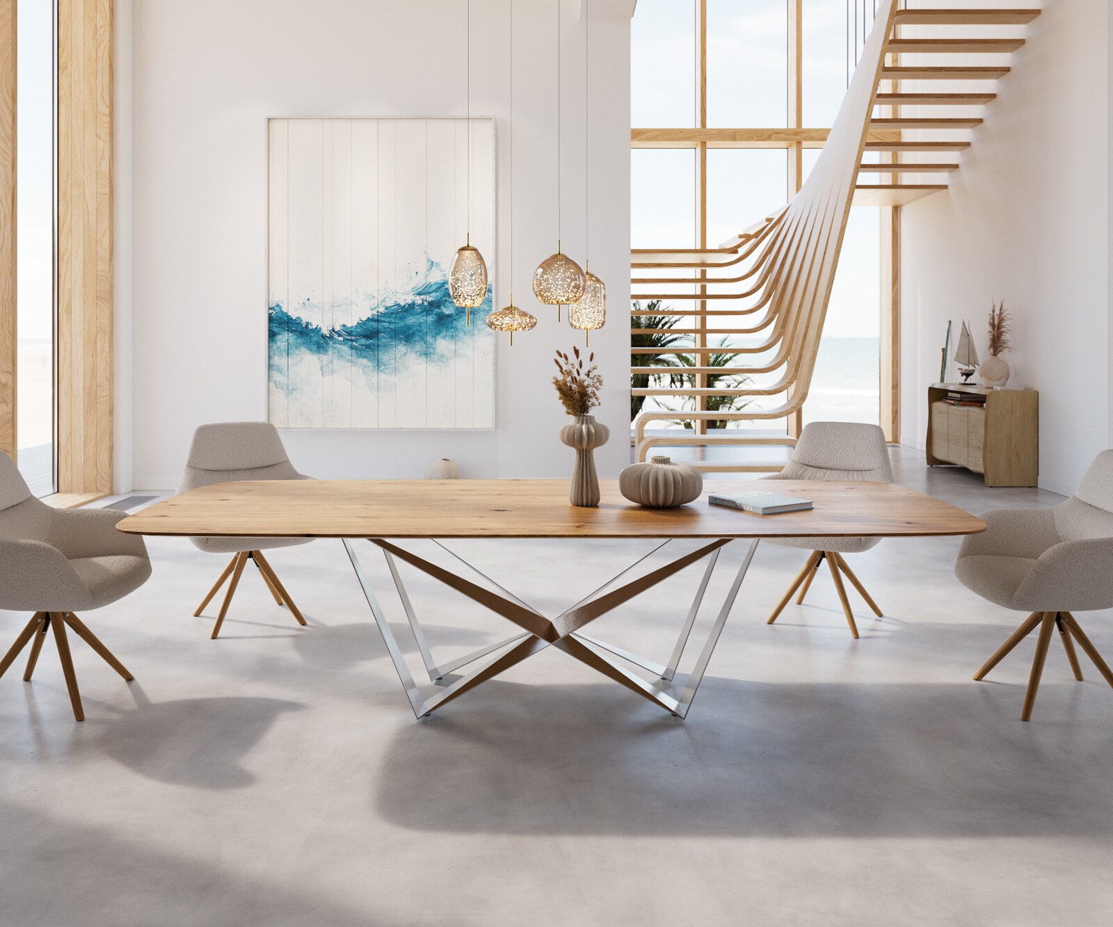 Table à manger Edge Boot 300x120x2,5-3 chêne nature Spider acier plat acier inoxydable bord suisse 1
