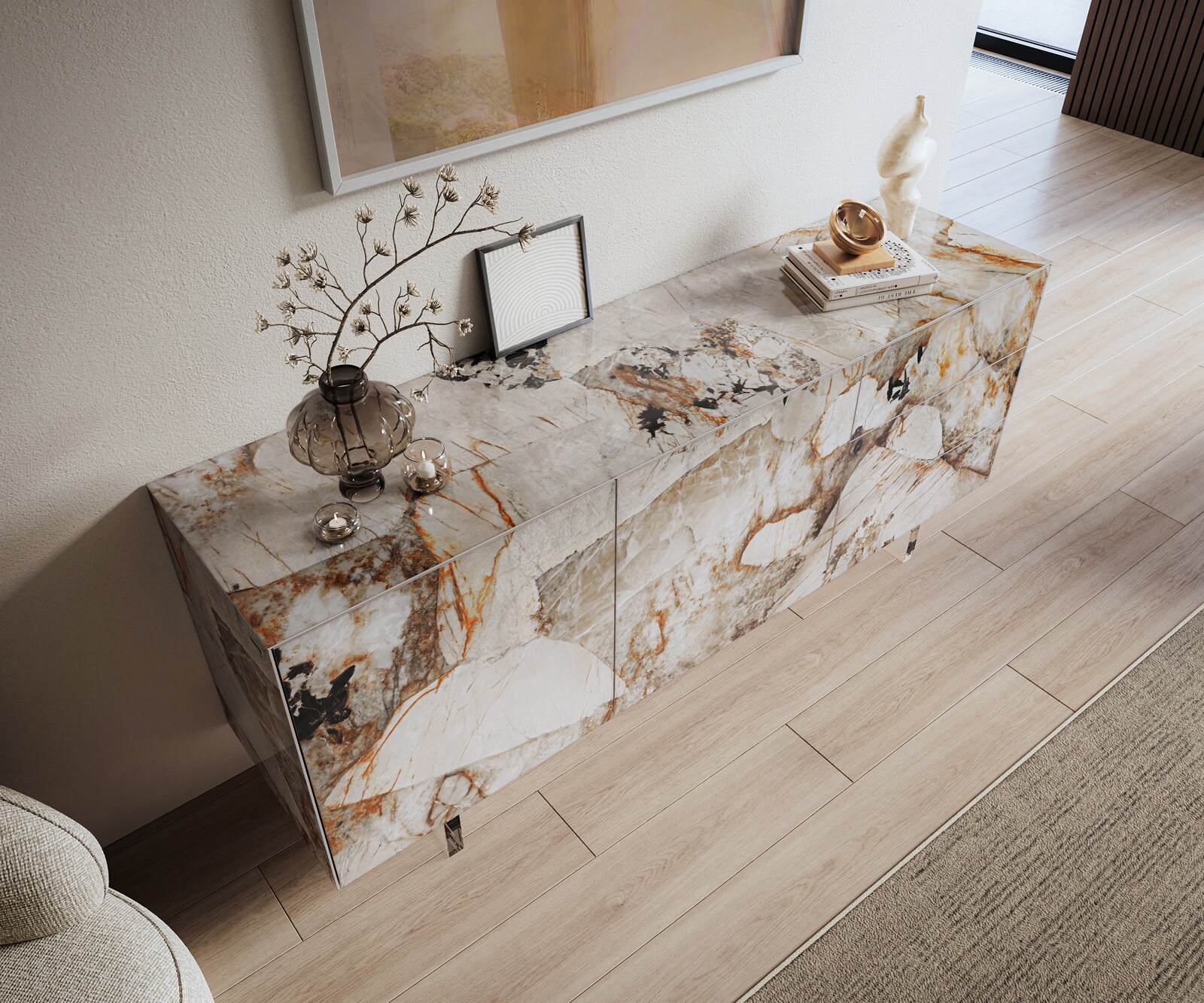 Buffet Cuor 180 cm Céramique Patagonia raffinée 2 Portes 3 Tiroirs Pied optique flottant Verre acrylique 4