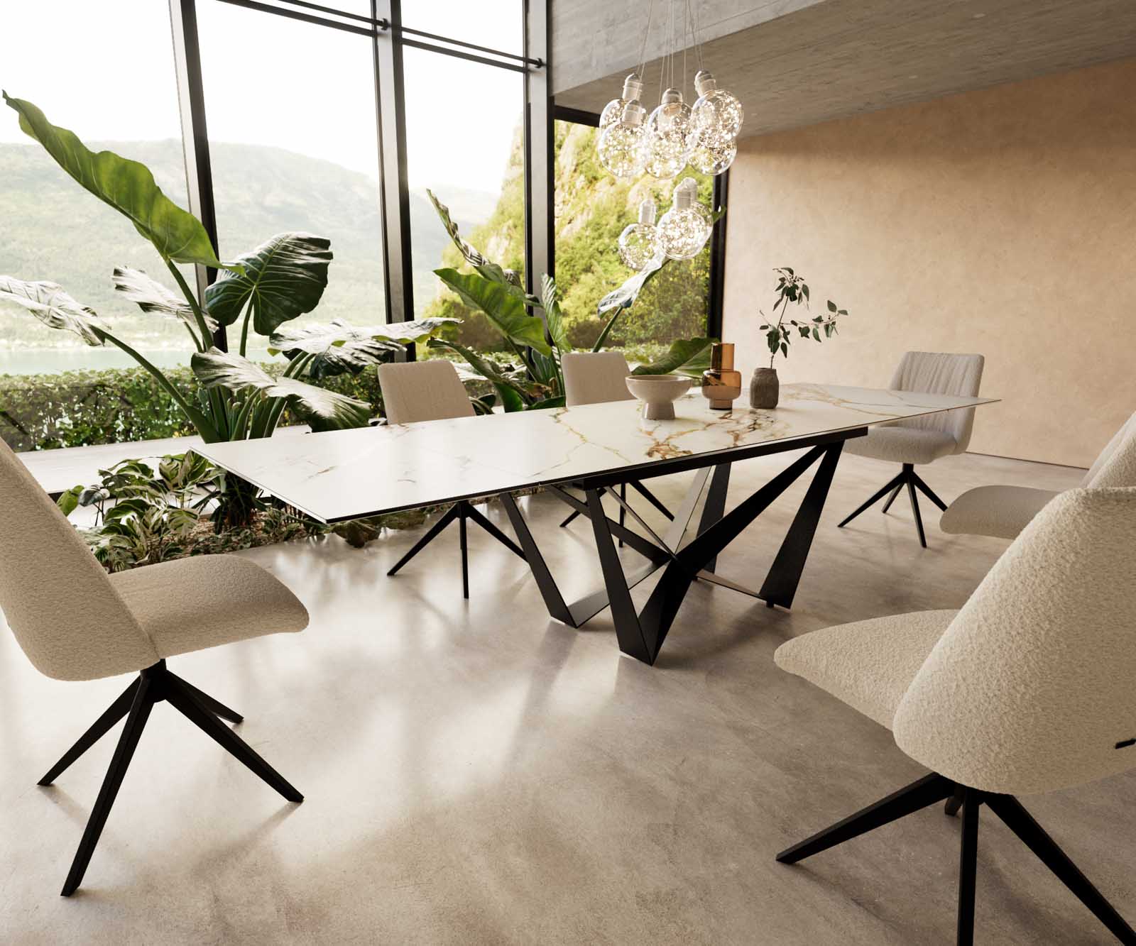 Table à manger Edge 200-300x100 céramique Calacatta Luxe blanc-doré-gris Spider acier plat noir extensible Table à manger Edge 200-300x100 céramique Calacatta Luxe blanc-doré-gris Spider acier plat noir extensible