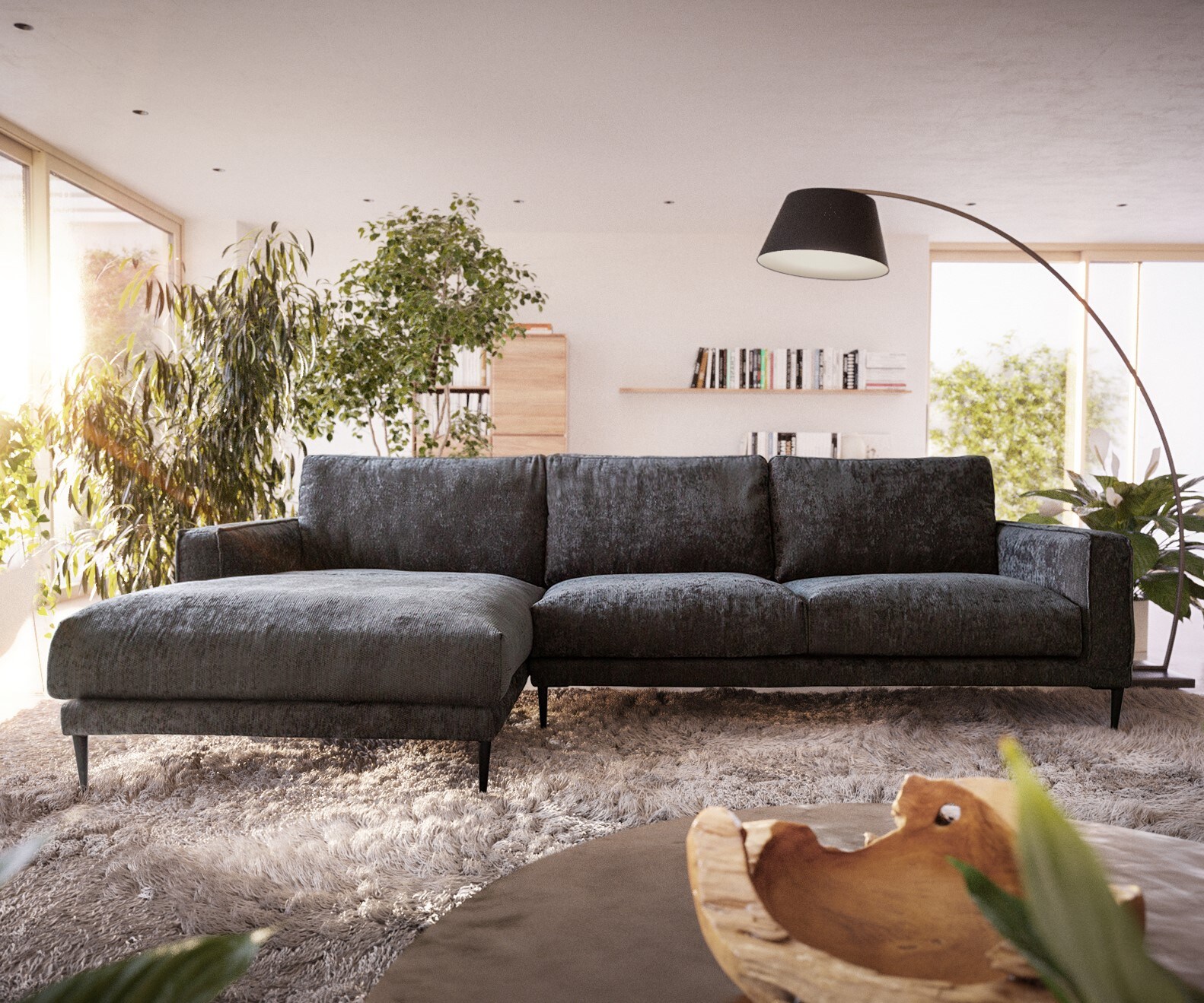 Canapé-d'angle Sottil 290 x 165cm chenille anthracite Recamière gauche 2