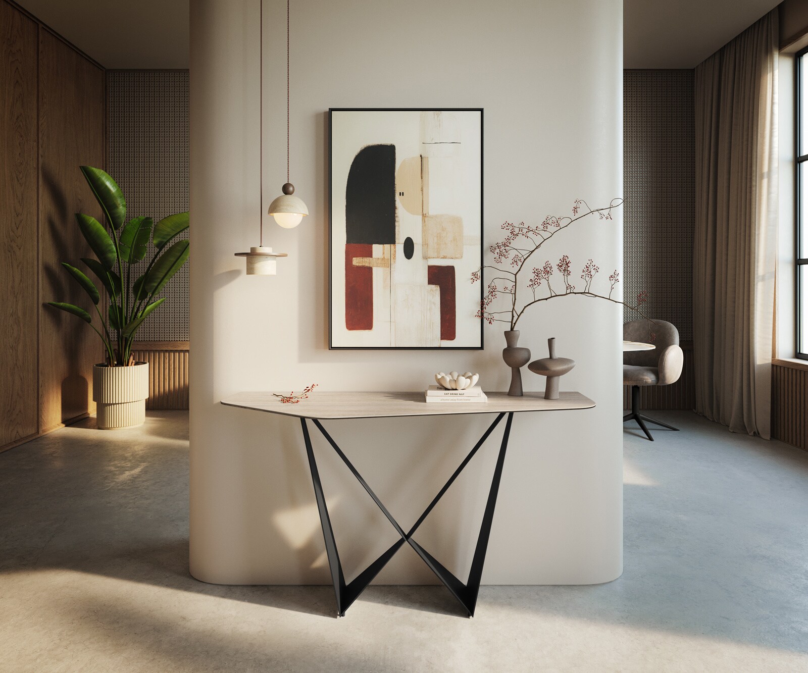 Console Edge Polygonal 140x50 cm Céramique Laminam® Travertino Bianco Creme-Weiß Spios Métal Noir 3