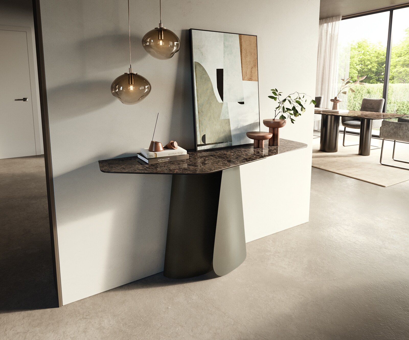 Console Edge Polygonal 140x50 cm Céramique Emperador Extra Lucidato Dunkelbraun Livos Métal Effektfinish Titan 3