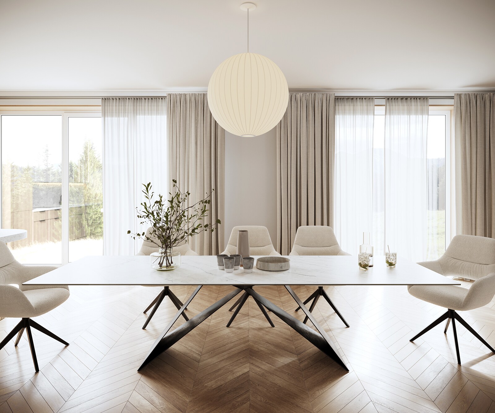 Table-à-manger Edge 300x100cm Laminam® céramique blanc V-pieds milieu noir 1