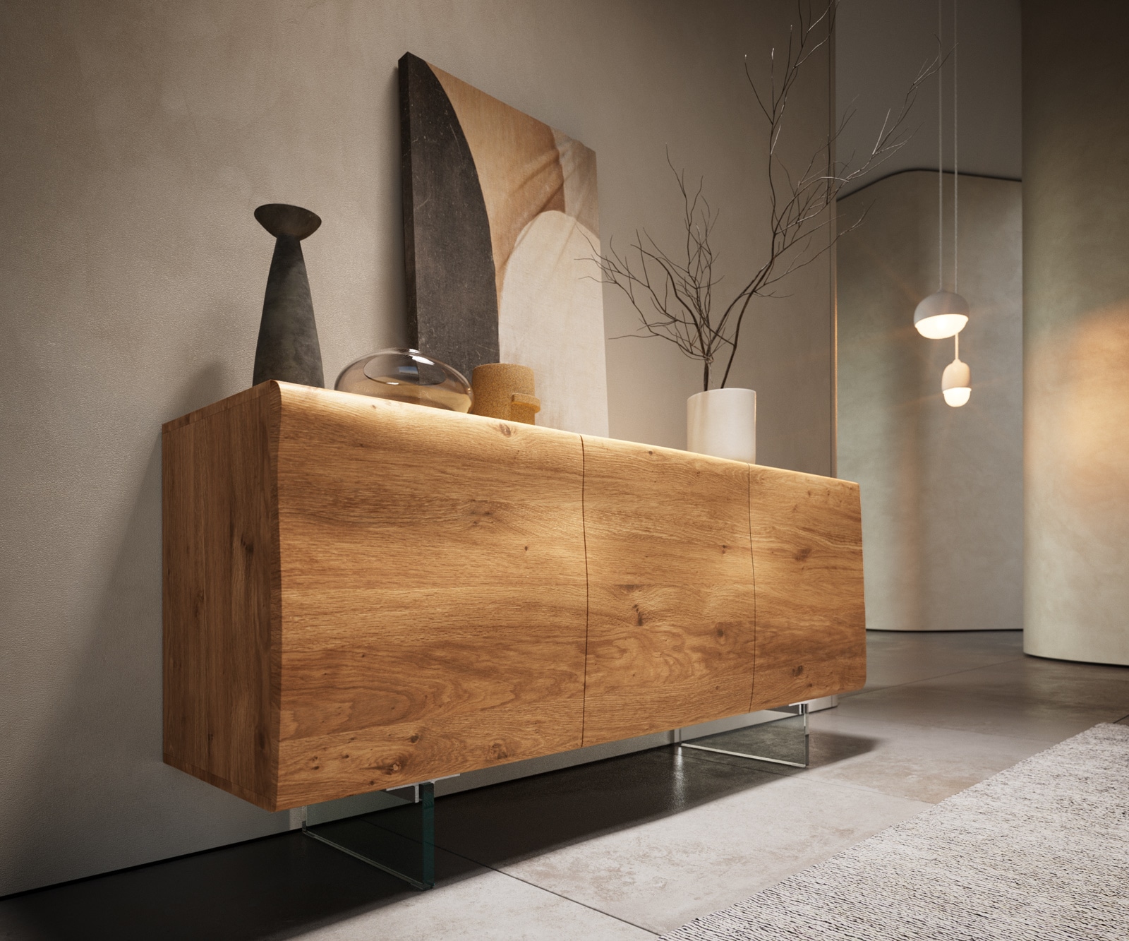 Buffet New Live-Edge 145 cm chêne naturel 3 portes pied en verre 5