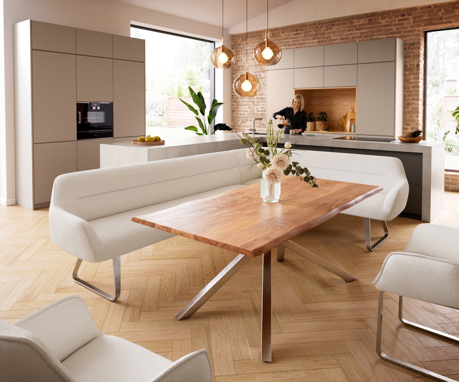 Banc-de-salle-à-manger Taya-Flex 285x190 cm bouclé crème-blanc châssis à patins plat acier inoxydable ressort ensaché liens 1