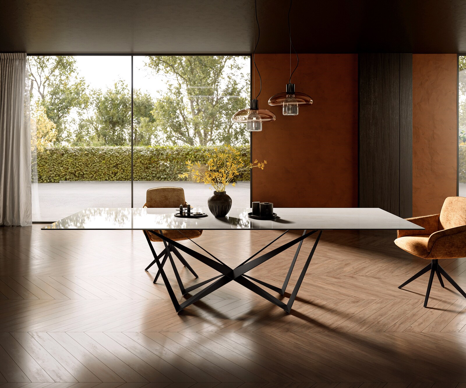 Table à manger Edge 300x100 cm céramique Onyx Champagne Spider acier plat noir 1