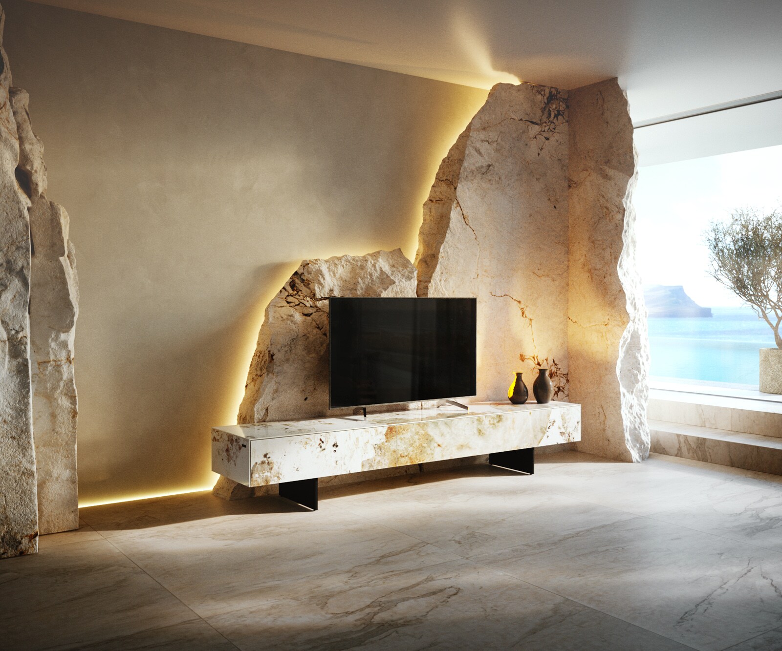Meuble-TV Cuor 200 cm Céramique Minas Melange Blanc-beige 1 Clapet 1 Tiroir Pied optique flottant Métal Noir 1