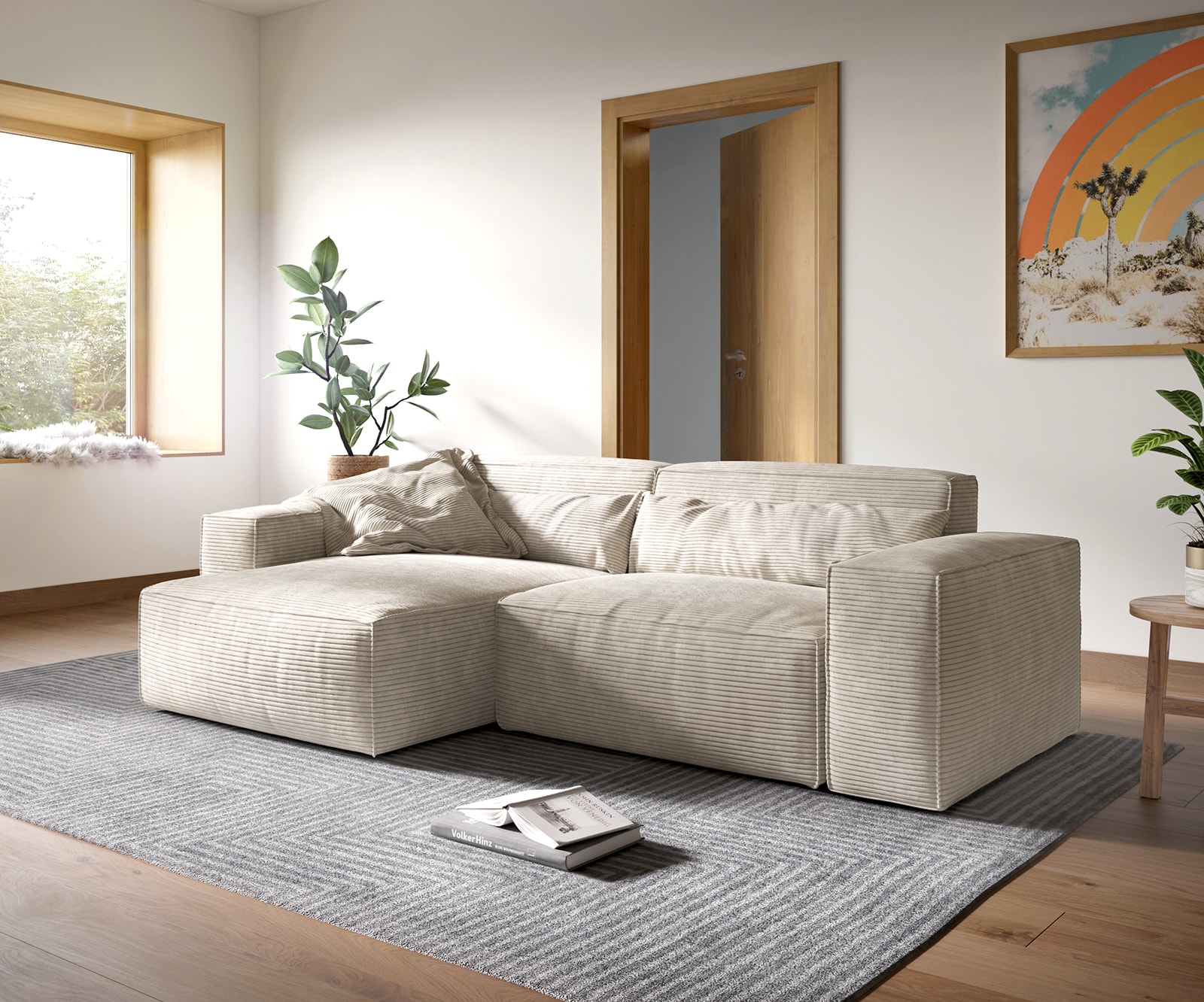 Canapé d'angle Sirpio XL 270x170 cm Velours côtelé Beige Recamiere variable Canapé d'angle Sirpio XL 270x170 cm Velours côtelé Beige Recamiere variable