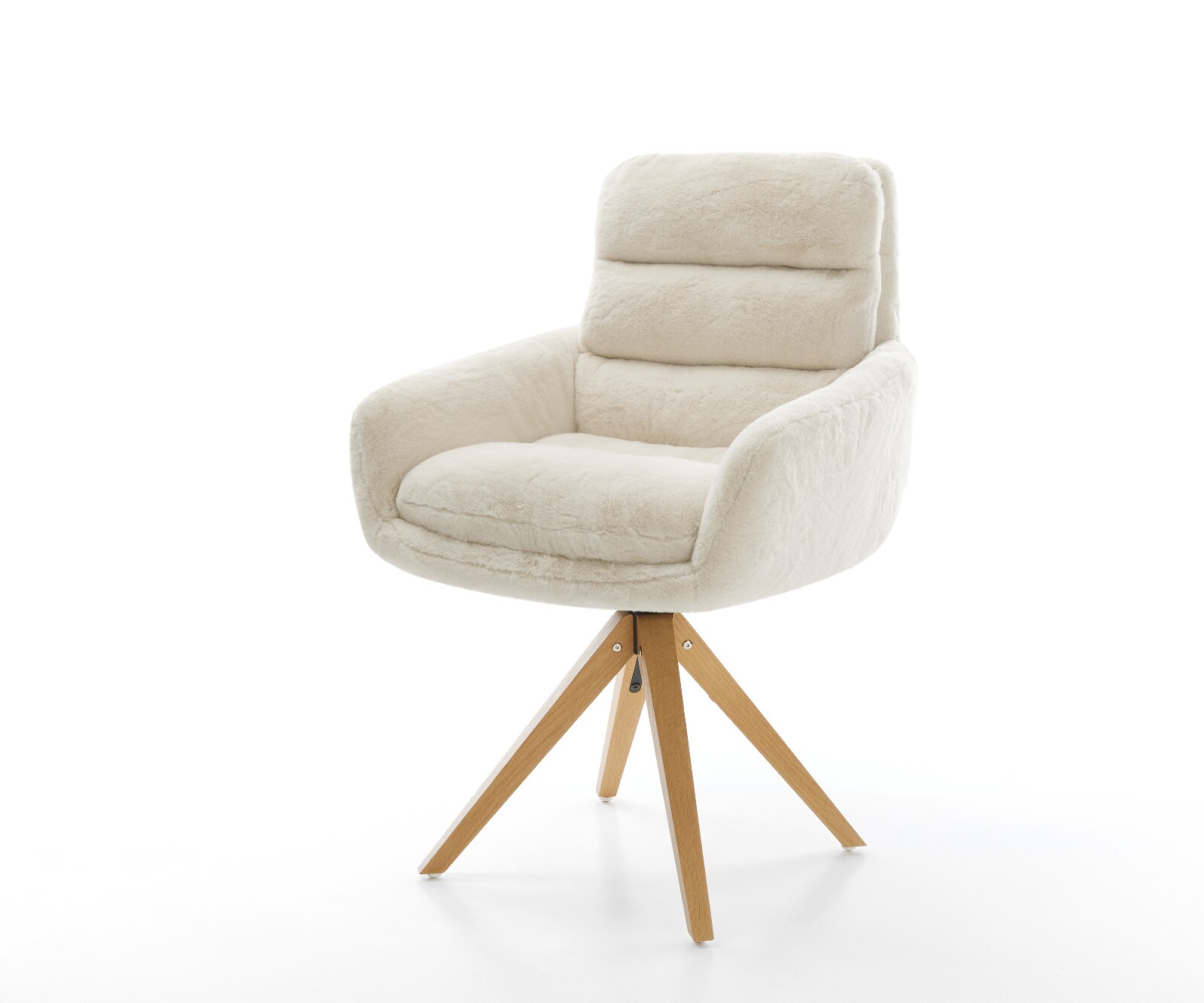 Chaise-pivotante Abelia-Flex avec accoudoirs peluche crème-blanc pied en bois angulaire naturel pivotement sur 180°