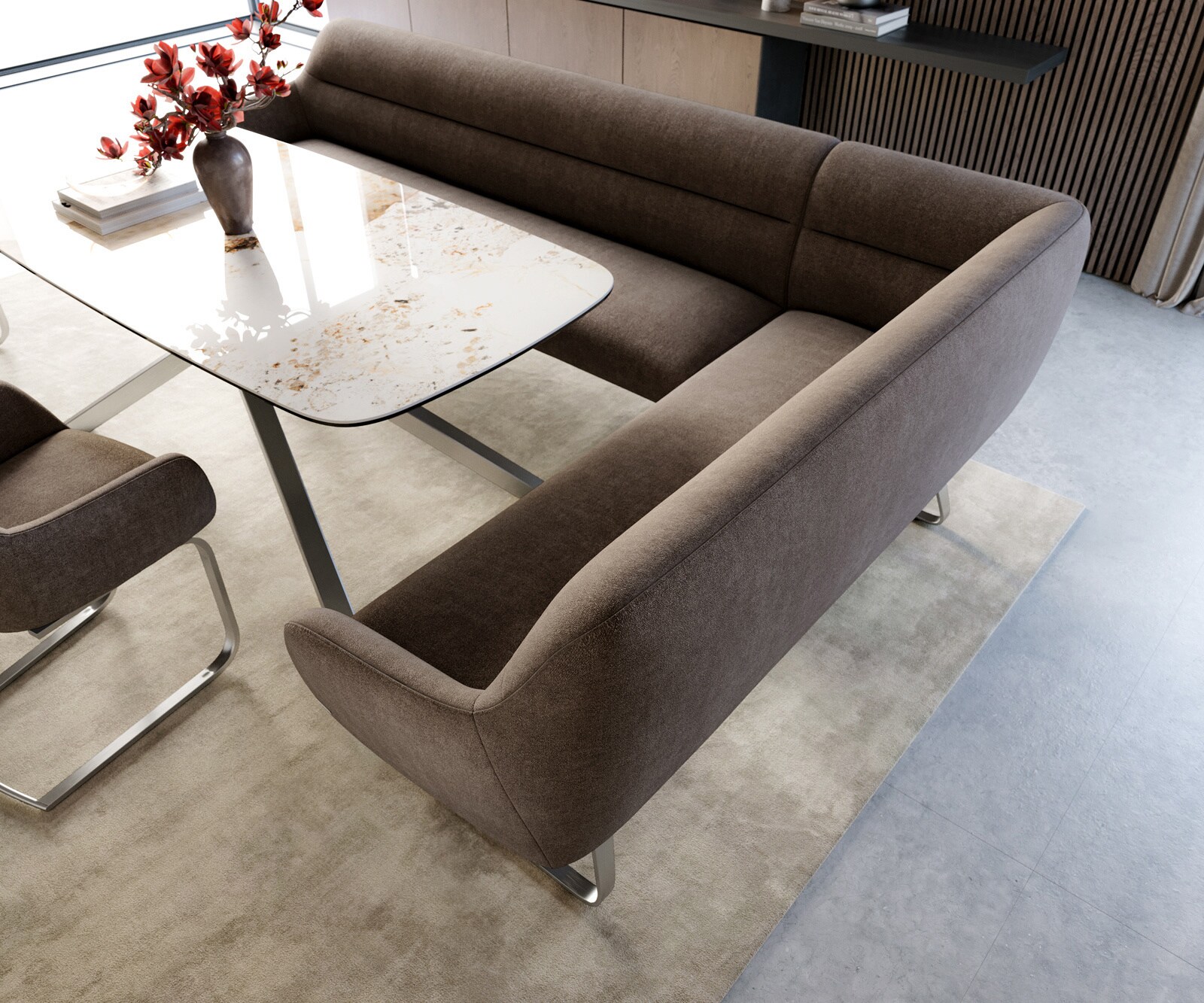 Banc-de-salle-à-manger Taya-Flex 285x190 cm tissu structuré doux taupe châssis à patins plat acier inoxydable ressort ensaché liens 4