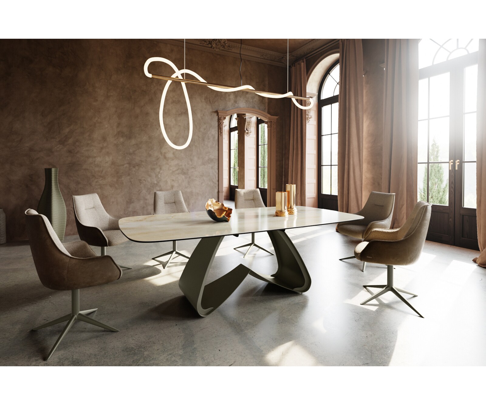 Table à manger Edge Boot 240x120 cm Céramique Iris FMG Onice Oro piètement en W Métal Finition effet Titan 6