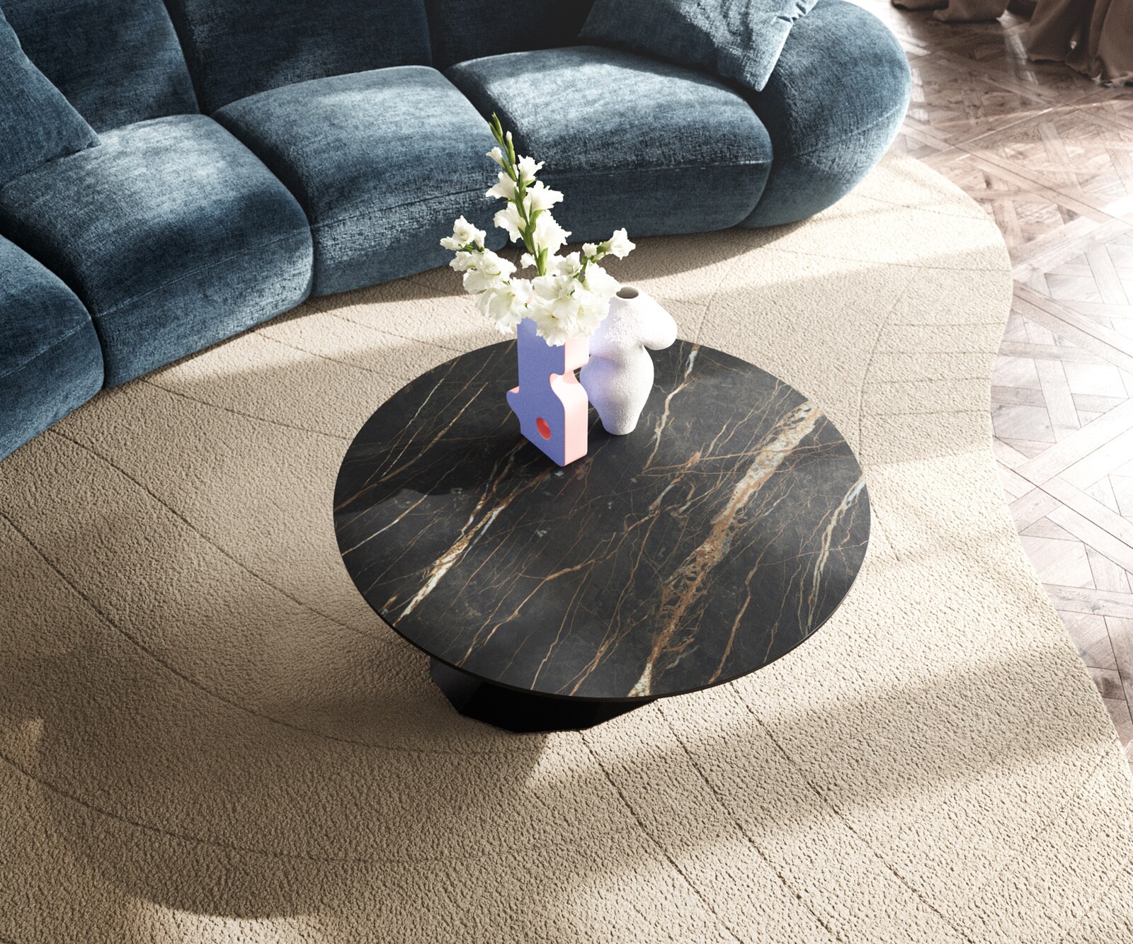 Table basse Edge rond 90x90 cm céramique Laminam® Noir Desir brun Parabi métal noir 4