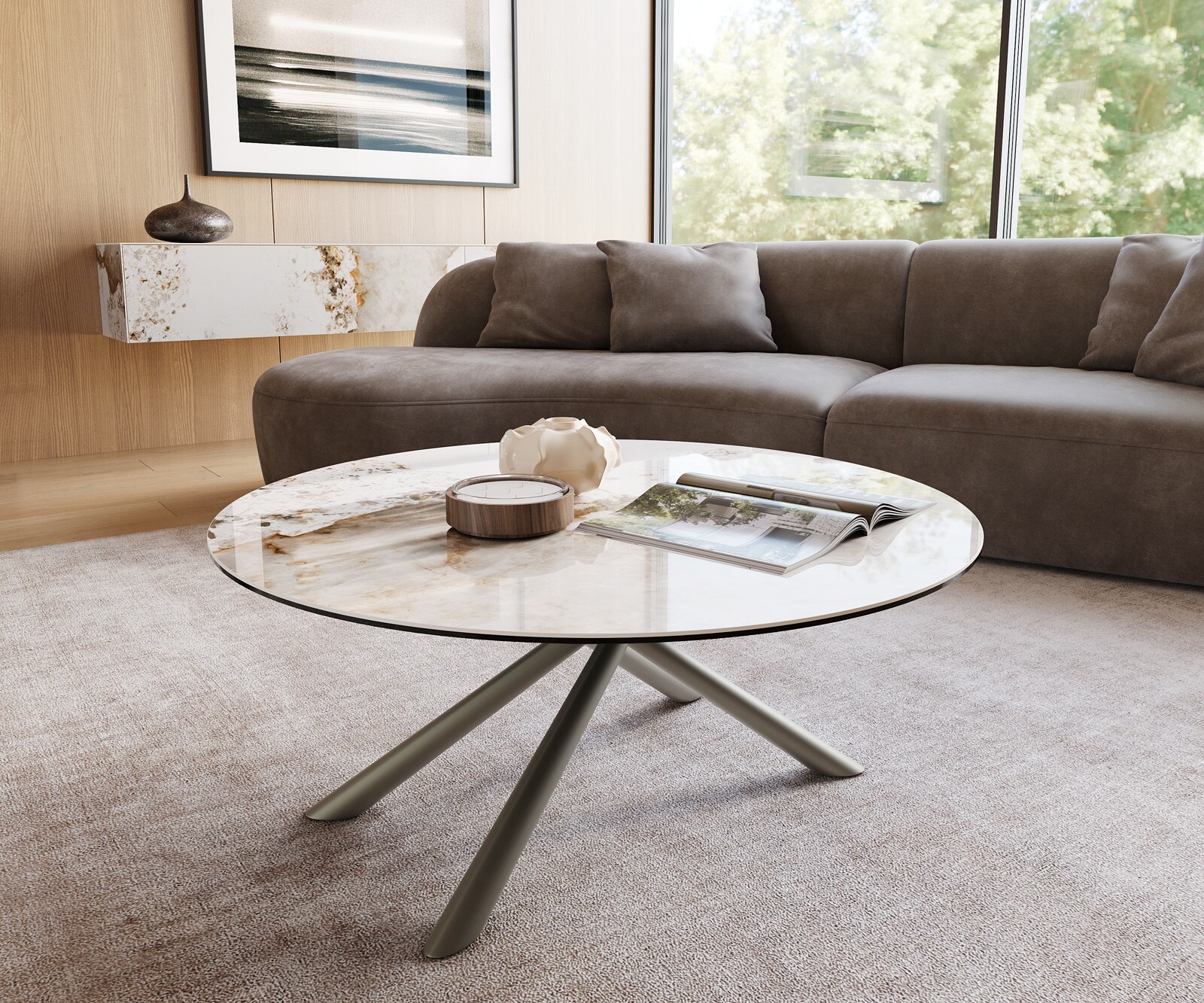 Table basse Edge rond 100x100 cm céramique Minas Melange Sarity Metall finition effet titane