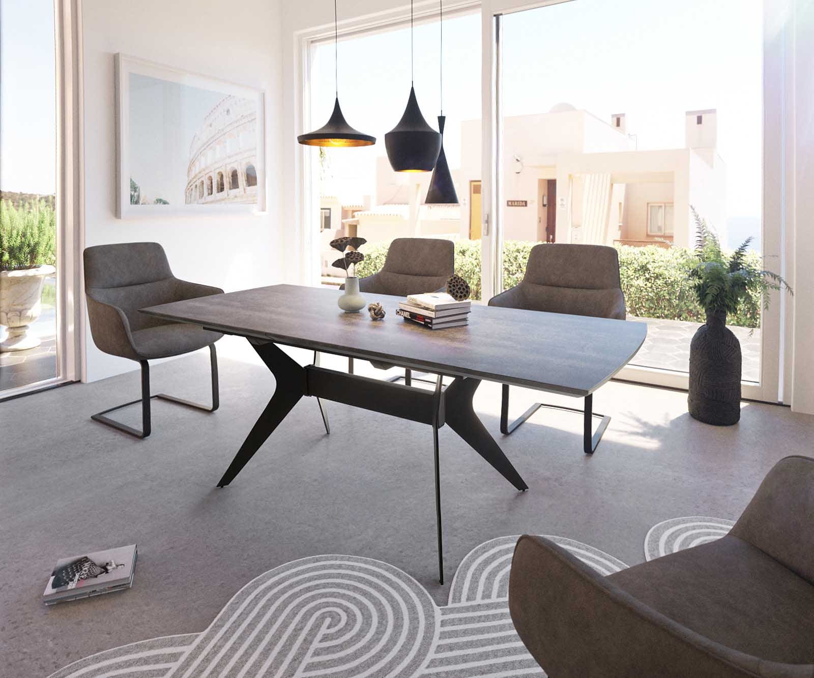 Table-à-manger Edona 160/200x90 cm look céramique gris métal extensible Table-à-manger Edona 160/200x90 cm look céramique gris métal extensible