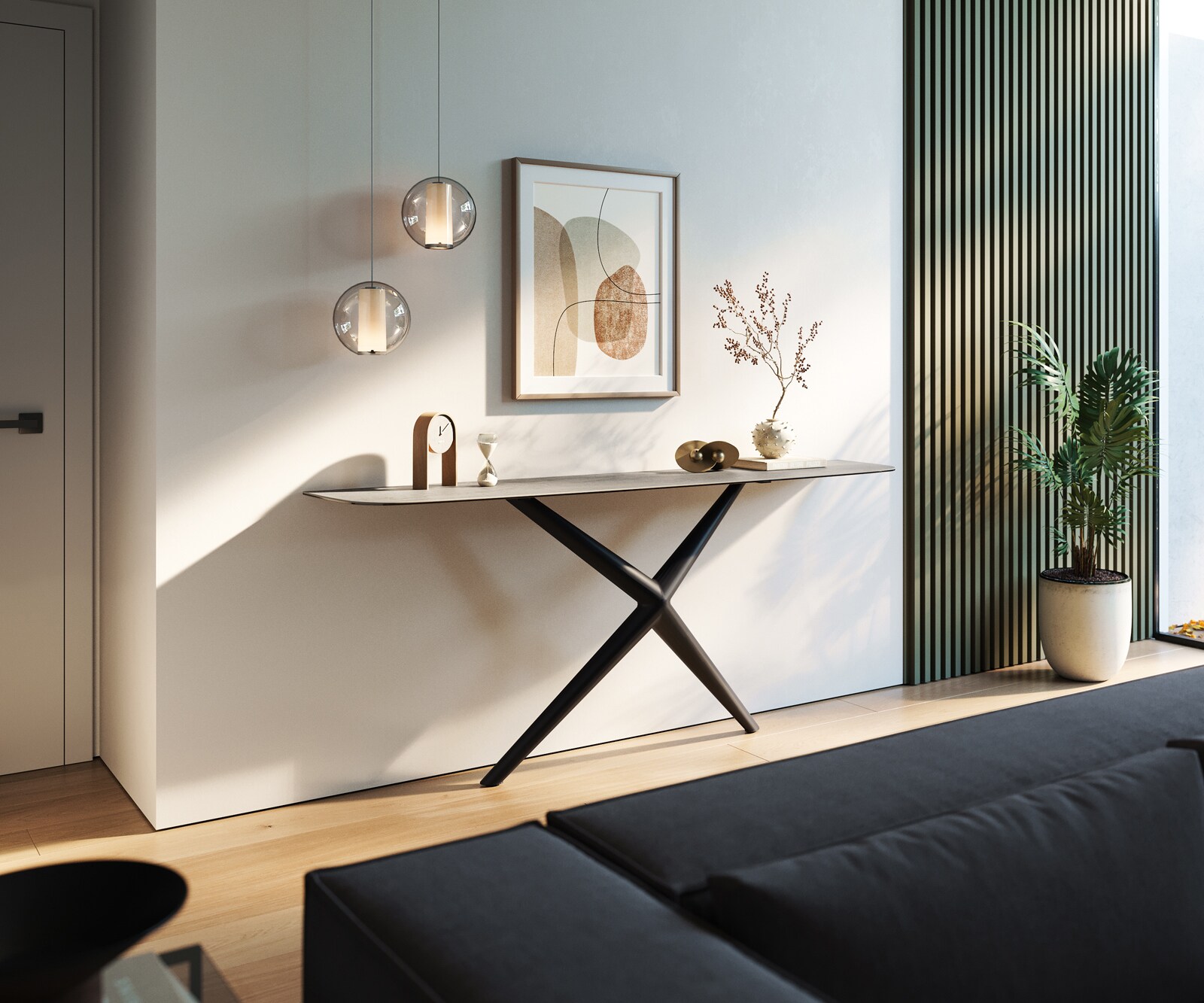 Console Edge forme bateau 180x40 cm Céramique Gris béton Estelo Métal Noir 7