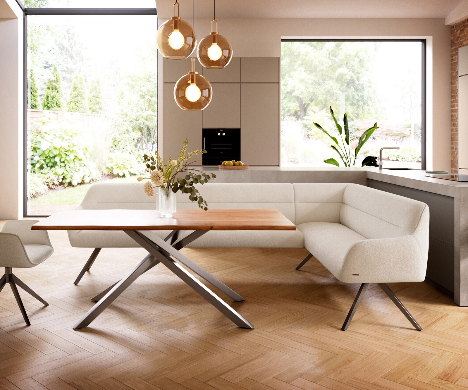 Banc-de-salle-à-manger Taya-Flex 285x190 cm bouclé crème-blanc pied croisé angulaire grafiete ressort ensaché liens 1