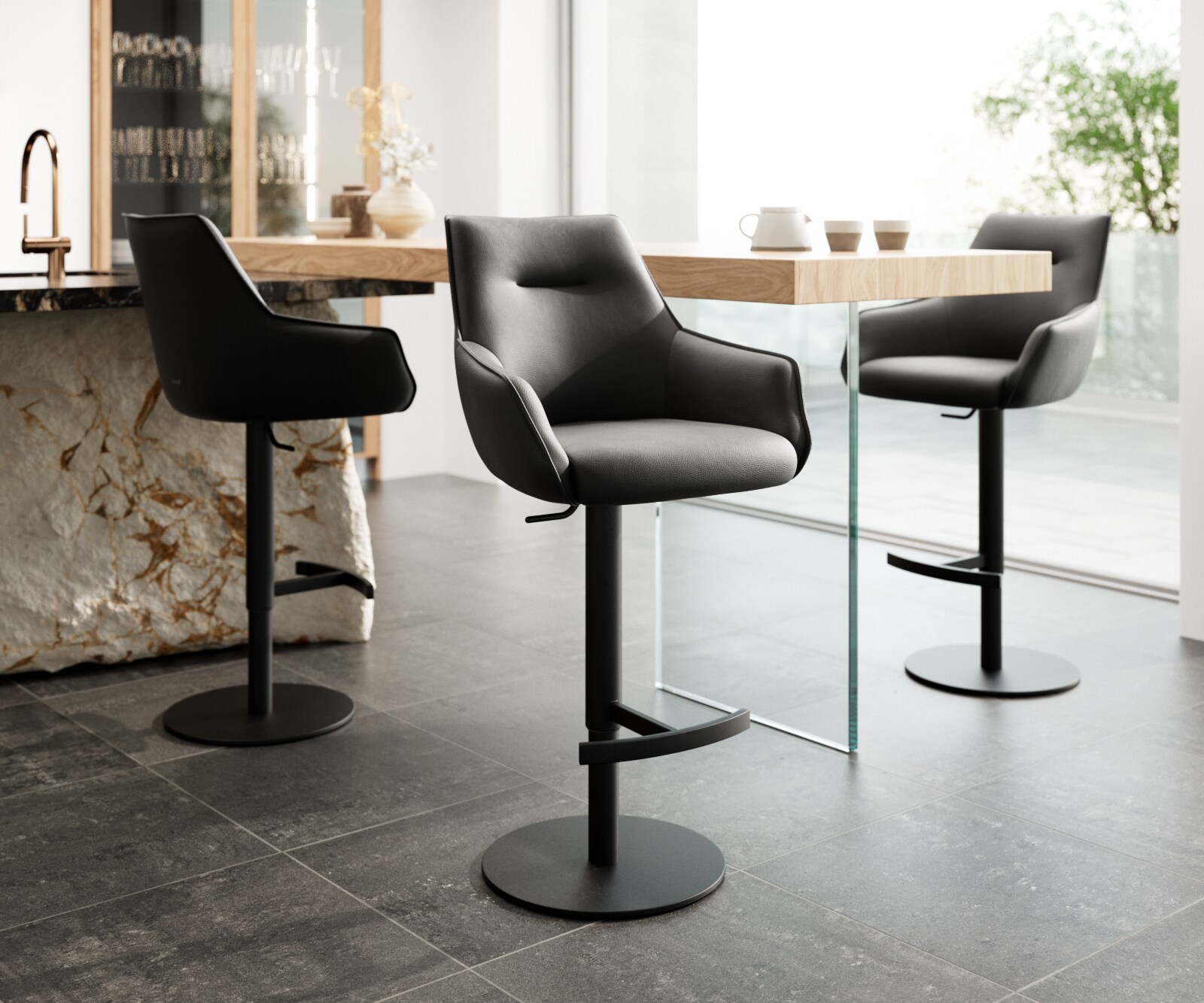 Chaise-de-bar Alja-Flex cuir véritable noir pied pivotant réglable en hauteur métal noir pivotant ressorts ensachés