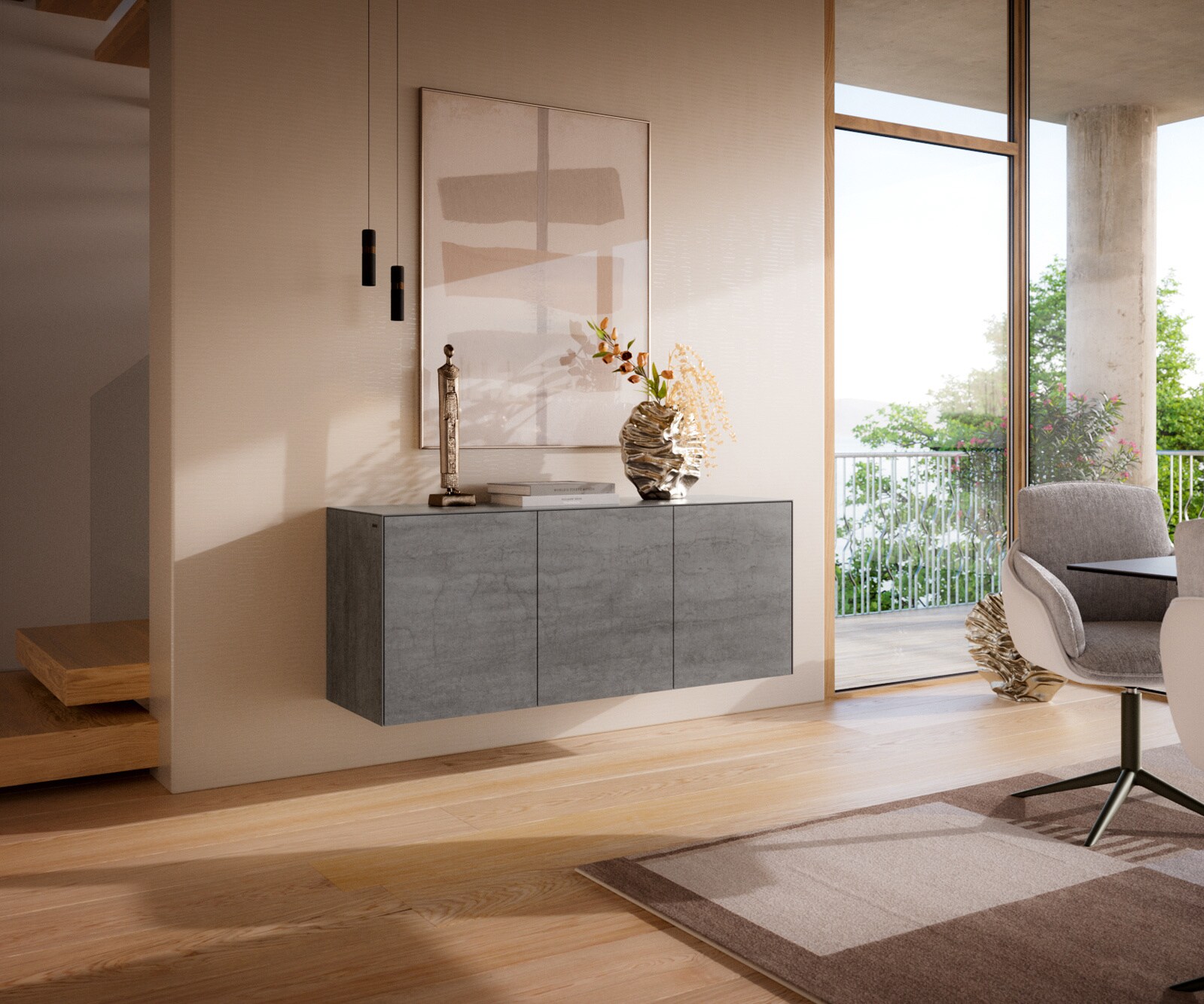 Buffet Cuor 150 cm Céramique Béton gris 3 Portes Flottant 1
