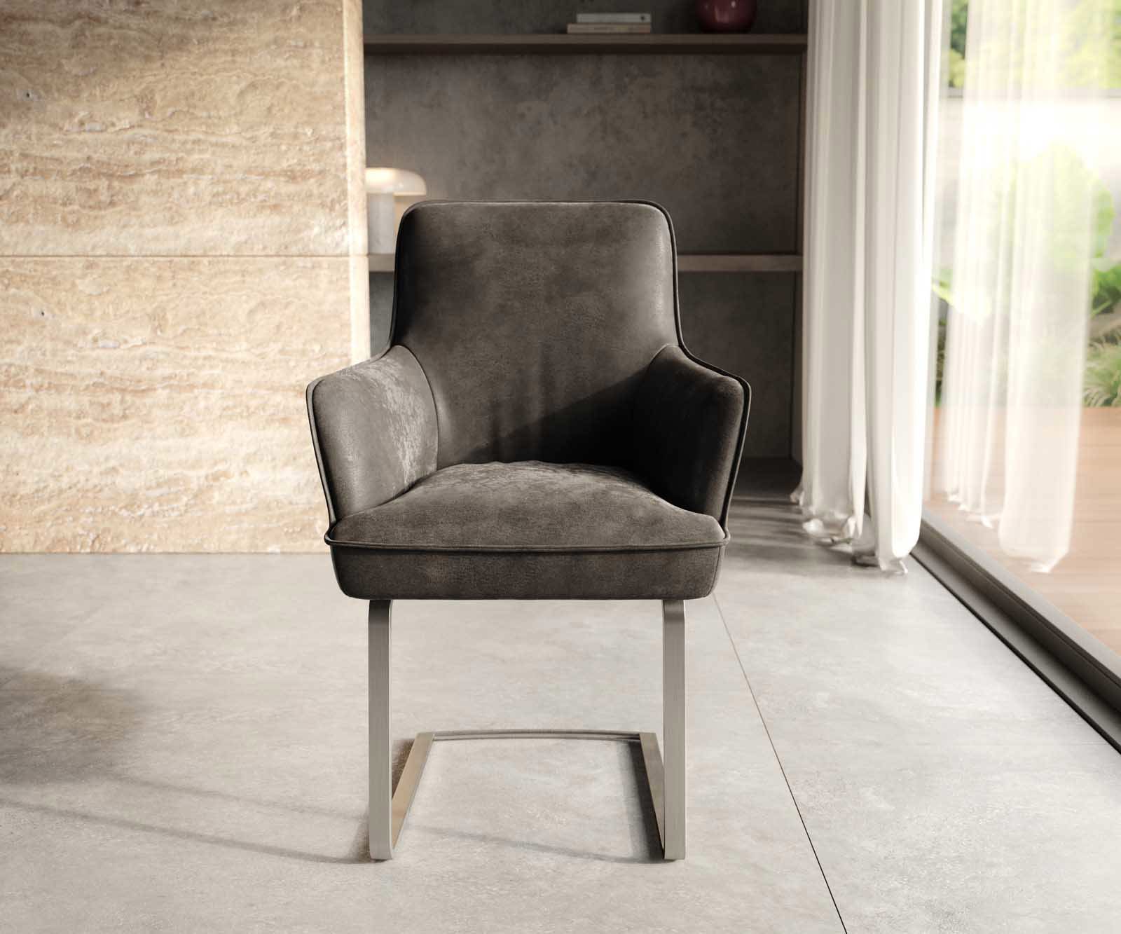 Cantilever Heira-Flex avec accoudoirs microvelours anthracite vintage pied cantilever plat acier inoxydable brossé ressorts ensachés 1 Cantilever Heira-Flex avec accoudoirs microvelours anthracite vintage pied cantilever plat acier inoxydable brossé ressorts ensachés 1