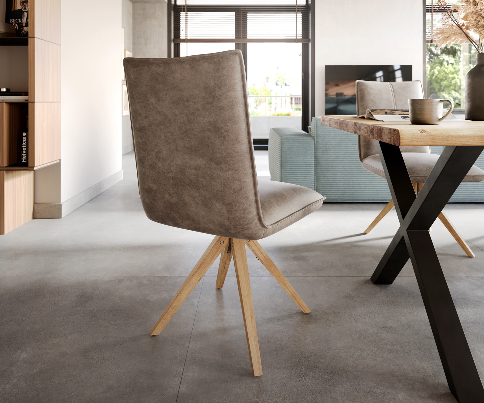 Chaise-de-salle-à-manger Lelio-Flex microvelours taupe vintage pied en bois angulaire naturel ressorts ensachés 5